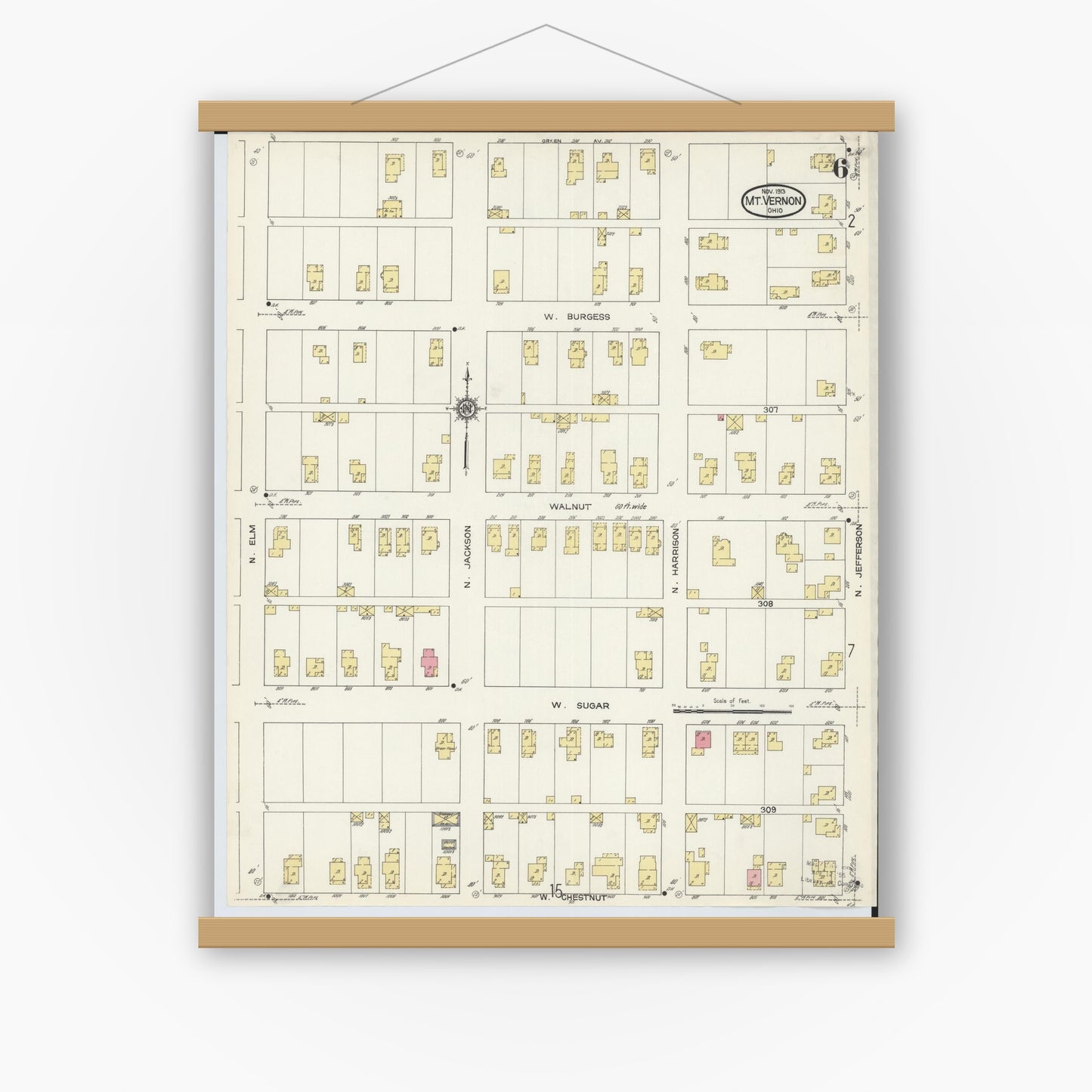 Old map wall art mockup — magnetic wood frame on white wall — Sanborn Fire Insurance Map from Mount Vernon, Knox County, Ohio (1913), Sheet #0006