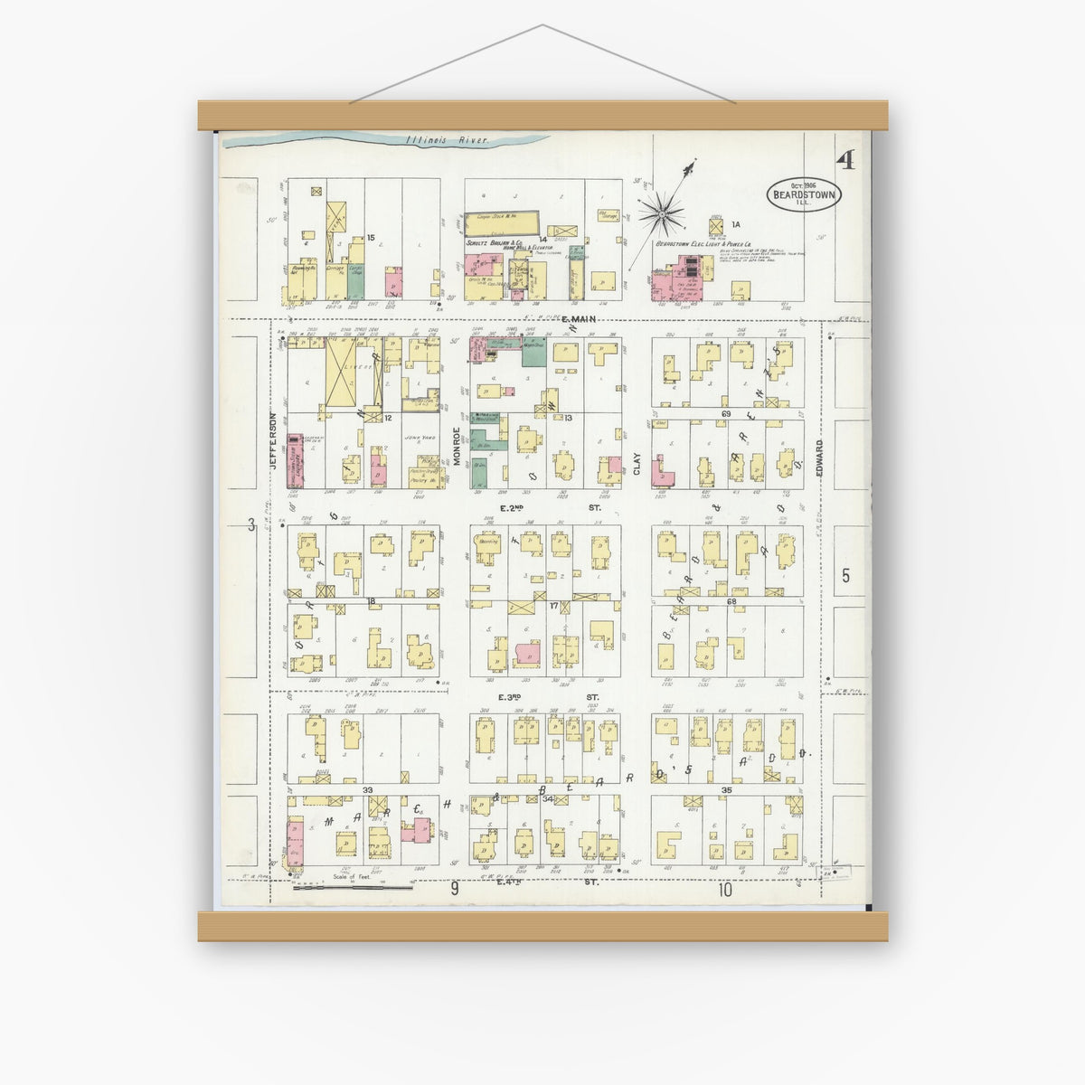 Old map wall art mockup — magnetic wood frame on white wall — Sanborn Fire Insurance Map from Beardstown, Cass County, Illinois (1906), Sheet #0004