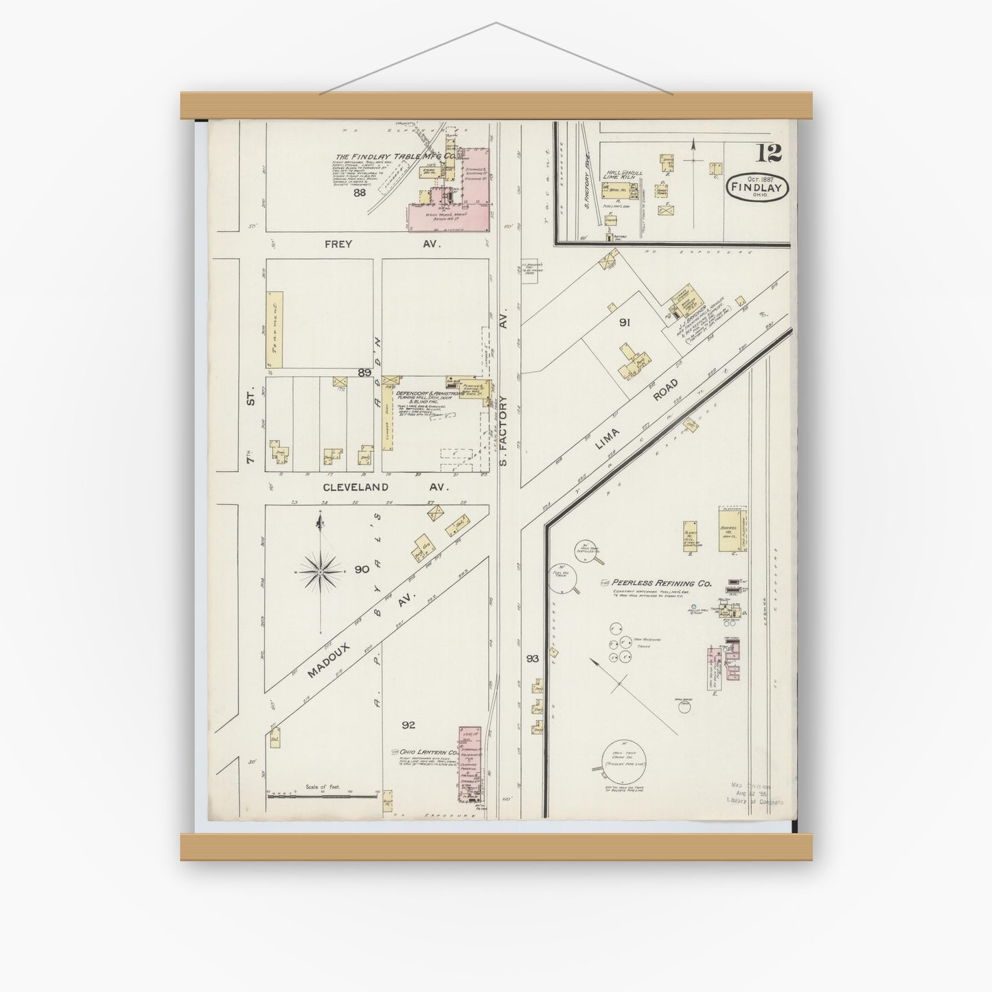 Old map wall art mockup — magnetic wood frame on white wall — Sanborn Fire Insurance Map from Findlay, Hancock County, Ohio (1887), Sheet #0012