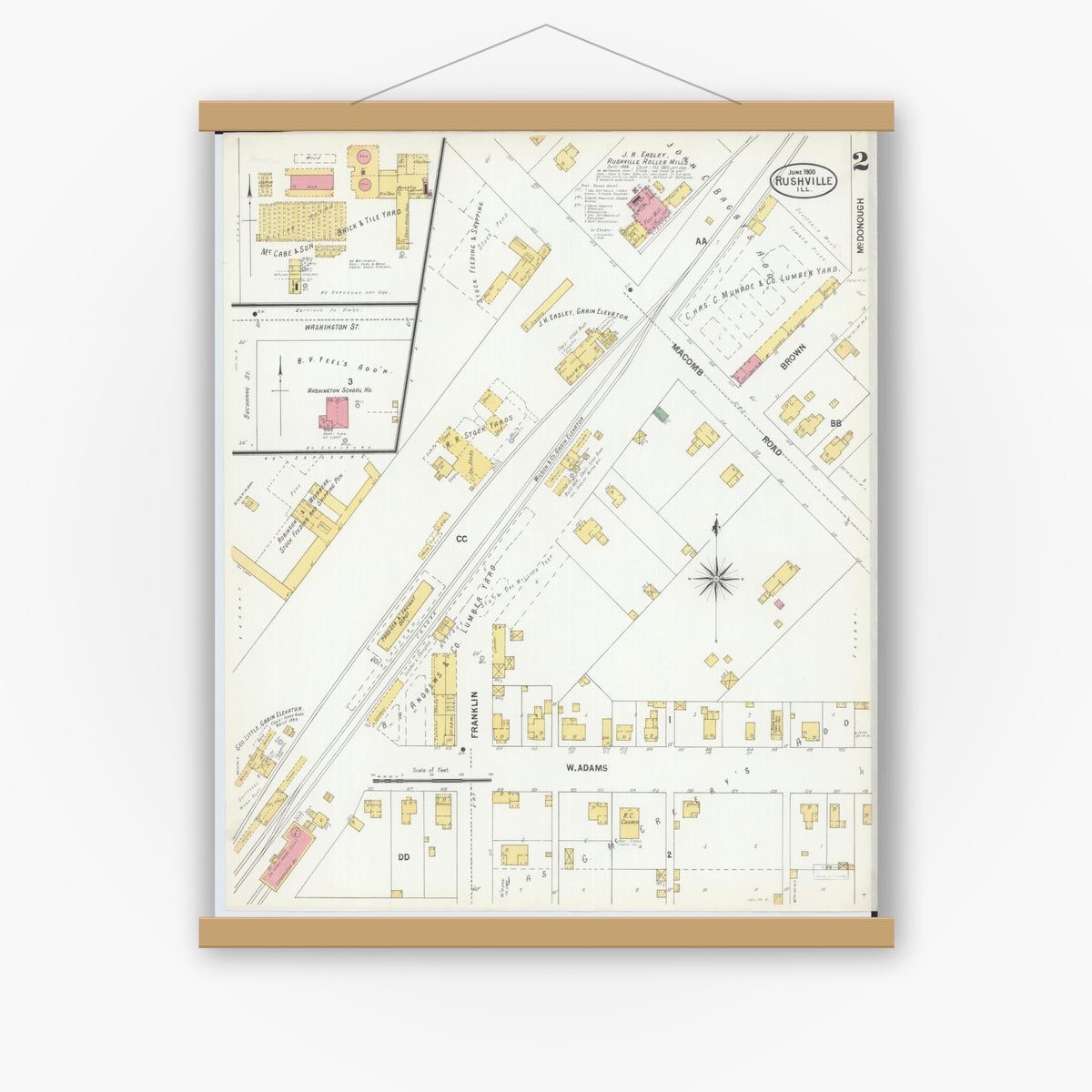 Old map wall art mockup — magnetic wood frame on white wall — Sanborn Fire Insurance Map from Rushville, Schuyler County, Illinois (1900), Sheet #0002