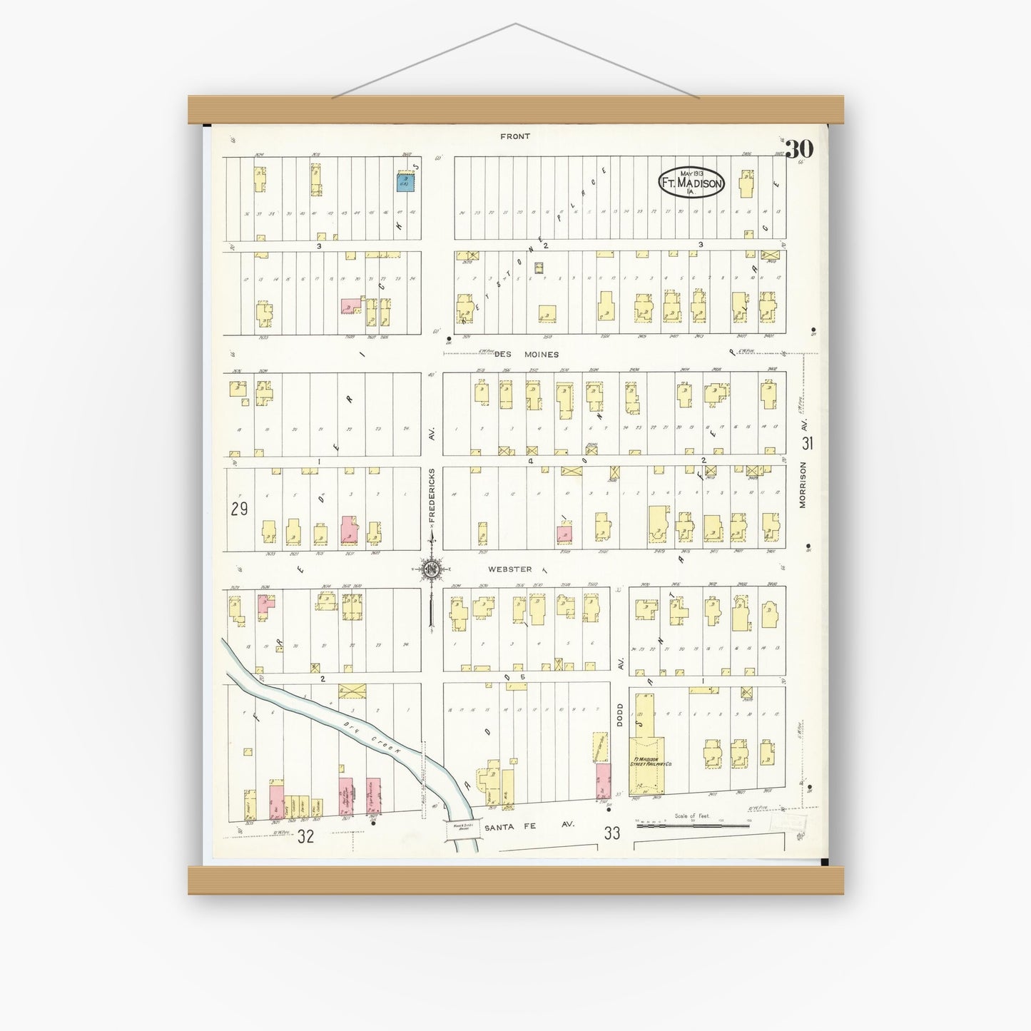Old map wall art mockup — magnetic wood frame on white wall — Sanborn Fire Insurance Map from Fort Madison, Lee County, Iowa (1913), Sheet #0030