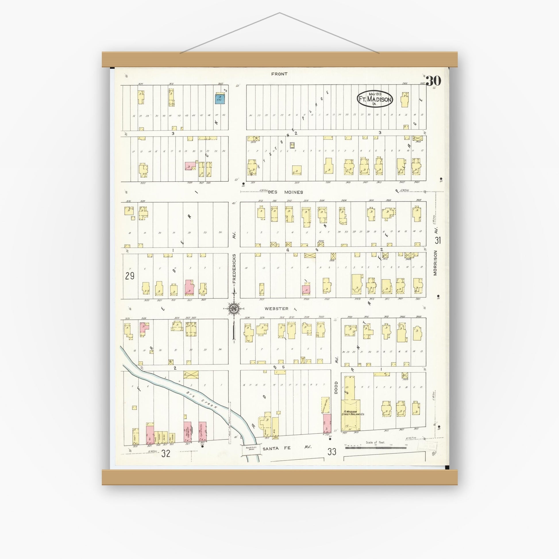 Old map wall art mockup — magnetic wood frame on white wall — Sanborn Fire Insurance Map from Fort Madison, Lee County, Iowa (1913), Sheet #0030