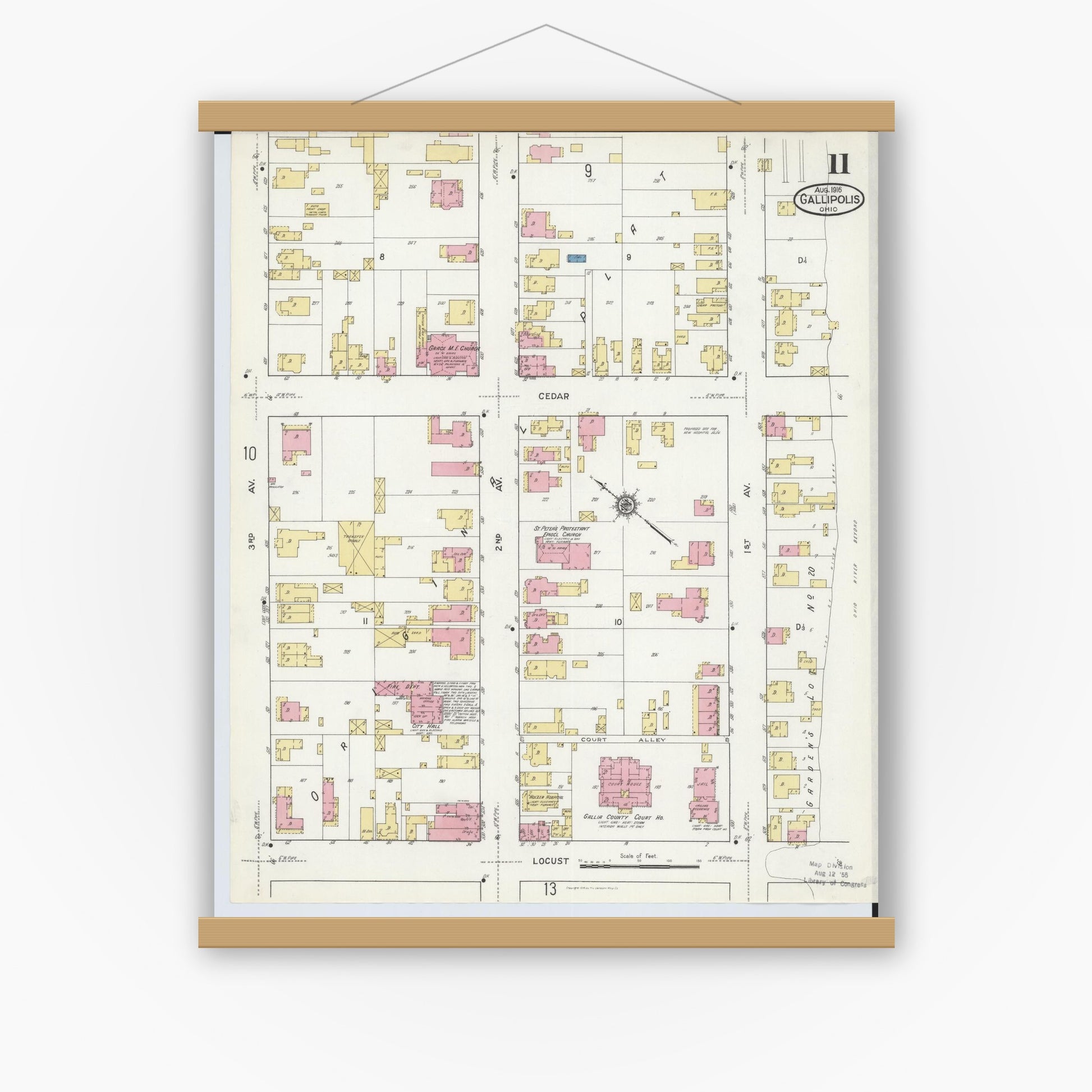Old map wall art mockup — magnetic wood frame on white wall — Sanborn Fire Insurance Map from Gallipolis, Gallia County, Ohio (1916), Sheet #0011