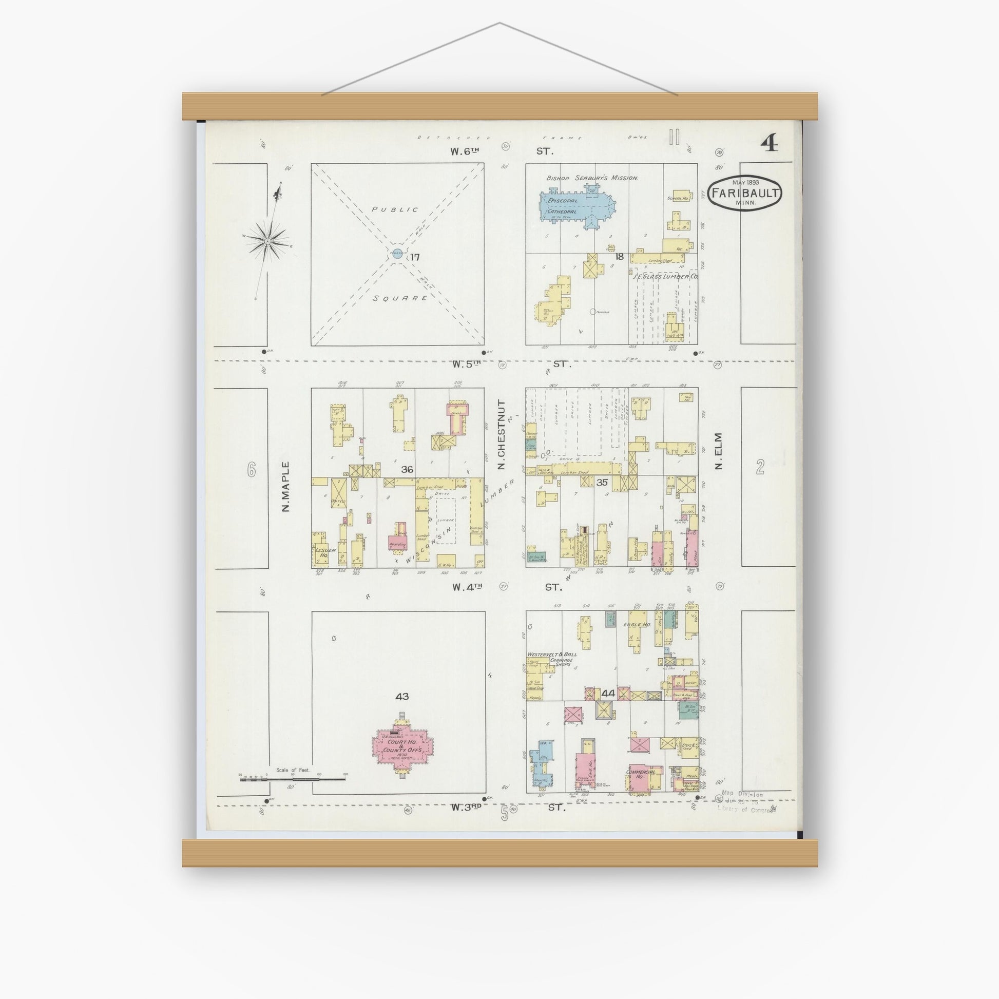 Old map wall art mockup — magnetic wood frame on white wall — Sanborn Fire Insurance Map from Faribault, Rice County, Minnesota (1893), Sheet #0004