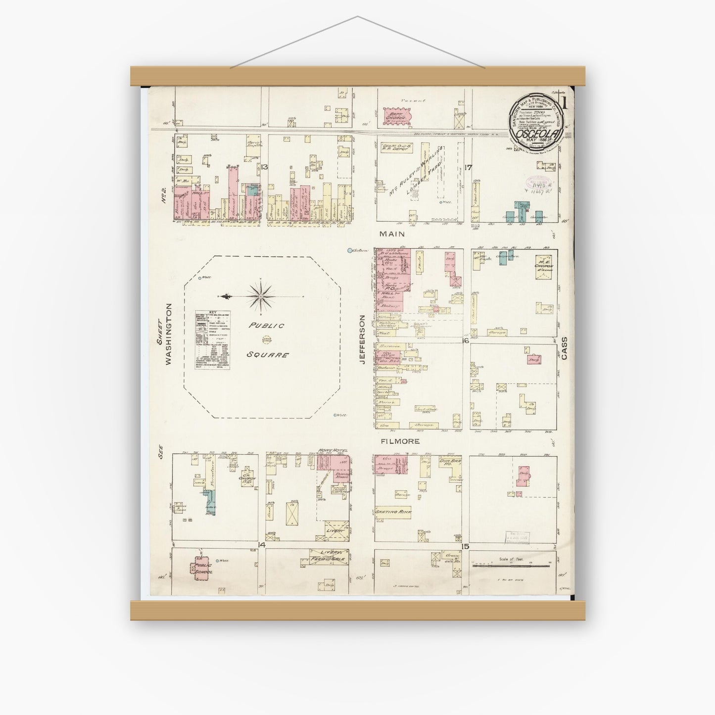 Old map wall art mockup — magnetic wood frame on white wall — Sanborn Fire Insurance Map from Osceola, Clarke County, Iowa (1886) â€” Complete Set