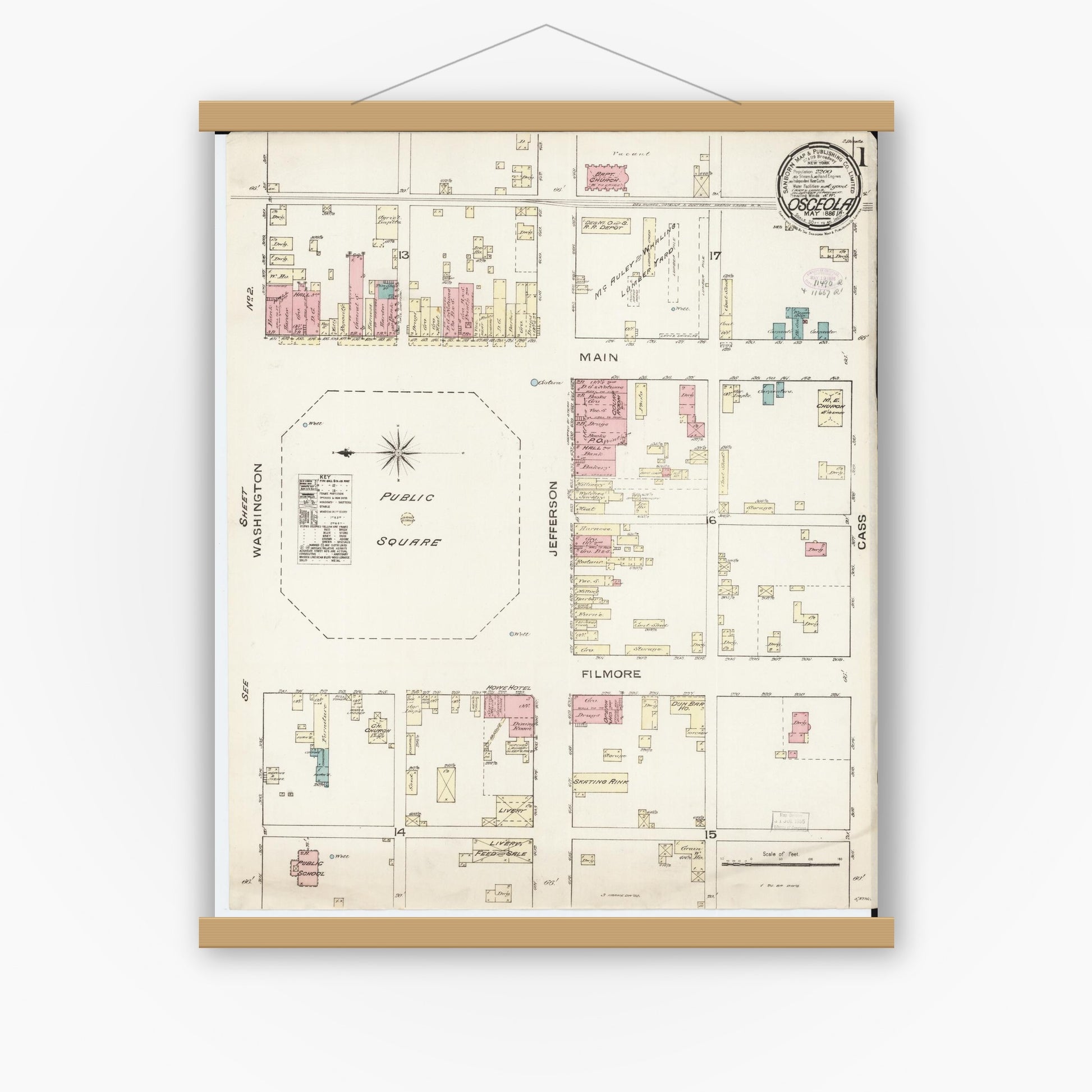 Old map wall art mockup — magnetic wood frame on white wall — Sanborn Fire Insurance Map from Osceola, Clarke County, Iowa (1886) â€” Complete Set
