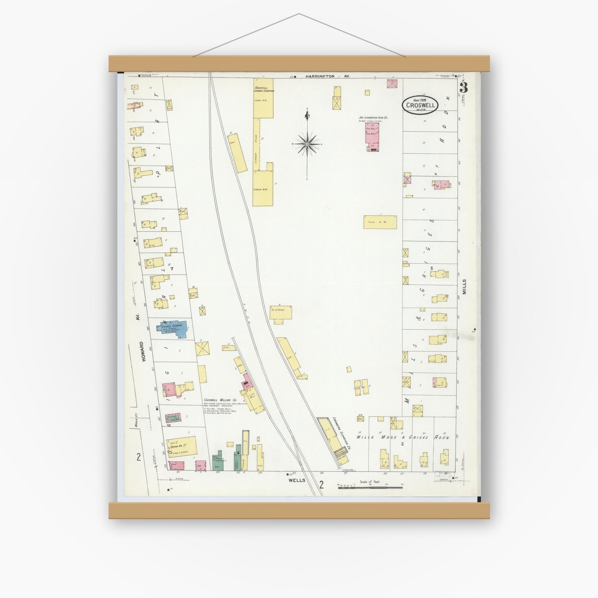 Old map wall art mockup — magnetic wood frame on white wall — Sanborn Fire Insurance Map from Croswell, Sanilac County, Michigan (1909), Sheet #0003