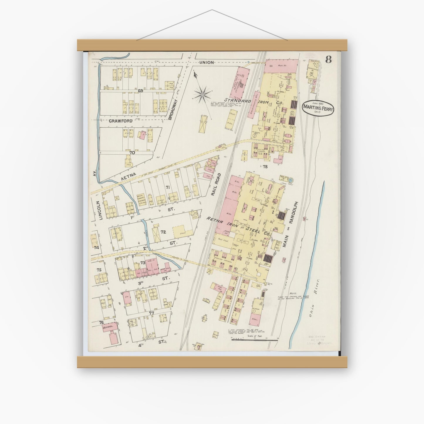 Old map wall art mockup — magnetic wood frame on white wall — Sanborn Fire Insurance Map from Martins Ferry, Belmont County, Ohio (1890), Sheet #0008