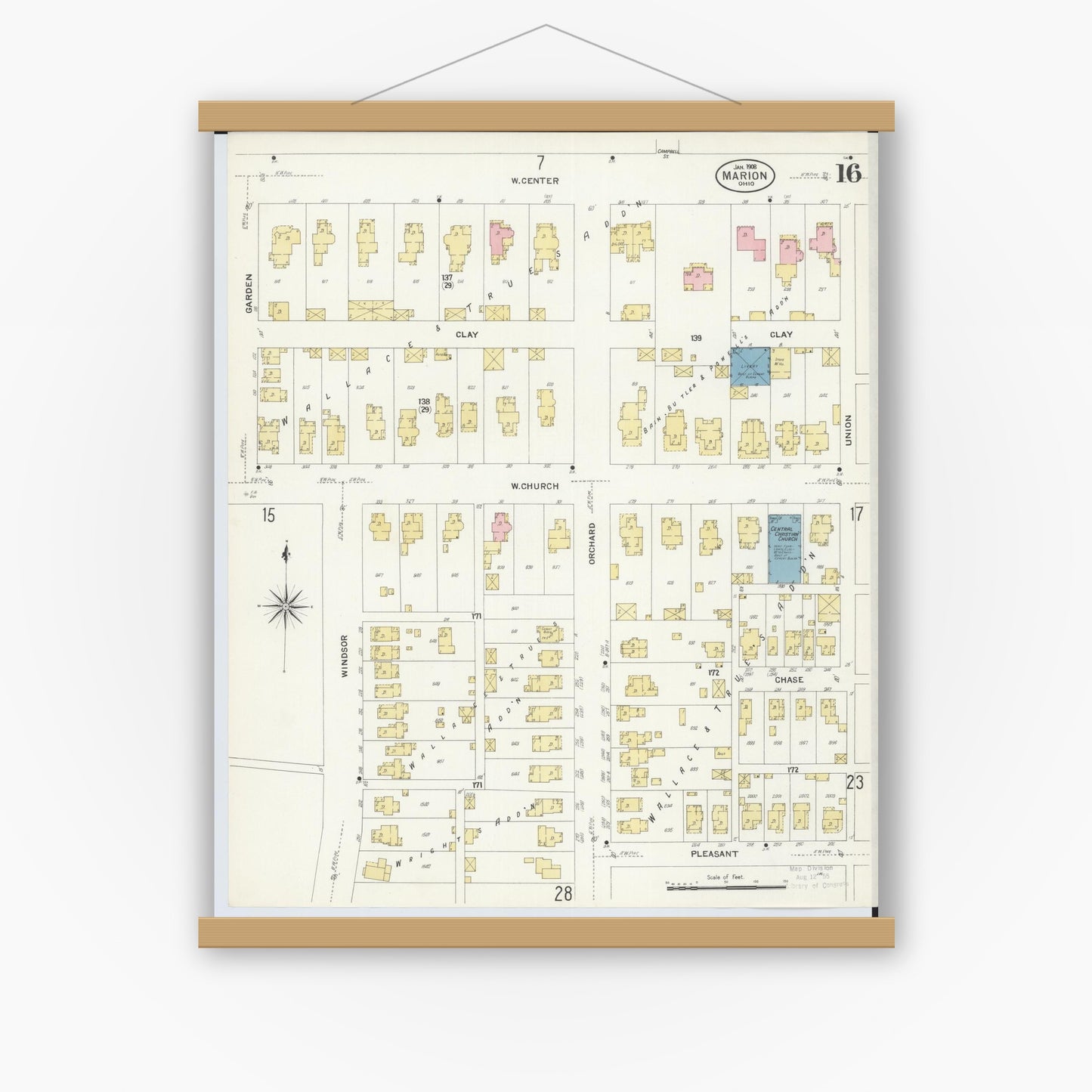 Old map wall art mockup — magnetic wood frame on white wall — Sanborn Fire Insurance Map from Marion, Marion County, Ohio (1908), Sheet #0016