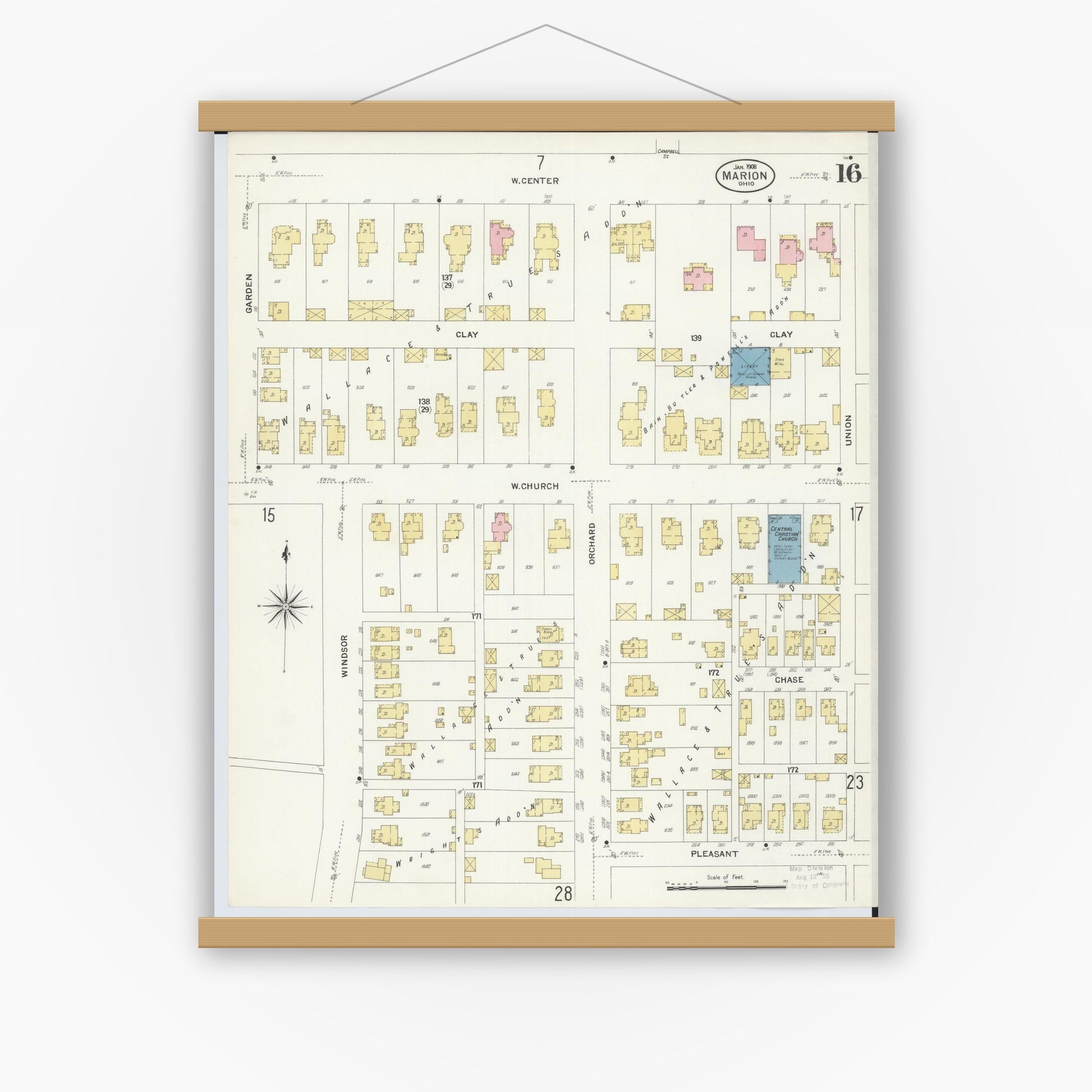 Old map wall art mockup — magnetic wood frame on white wall — Sanborn Fire Insurance Map from Marion, Marion County, Ohio (1908), Sheet #0016