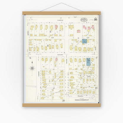 Old map wall art mockup — magnetic wood frame on white wall — Sanborn Fire Insurance Map from Marion, Marion County, Ohio (1908), Sheet #0016