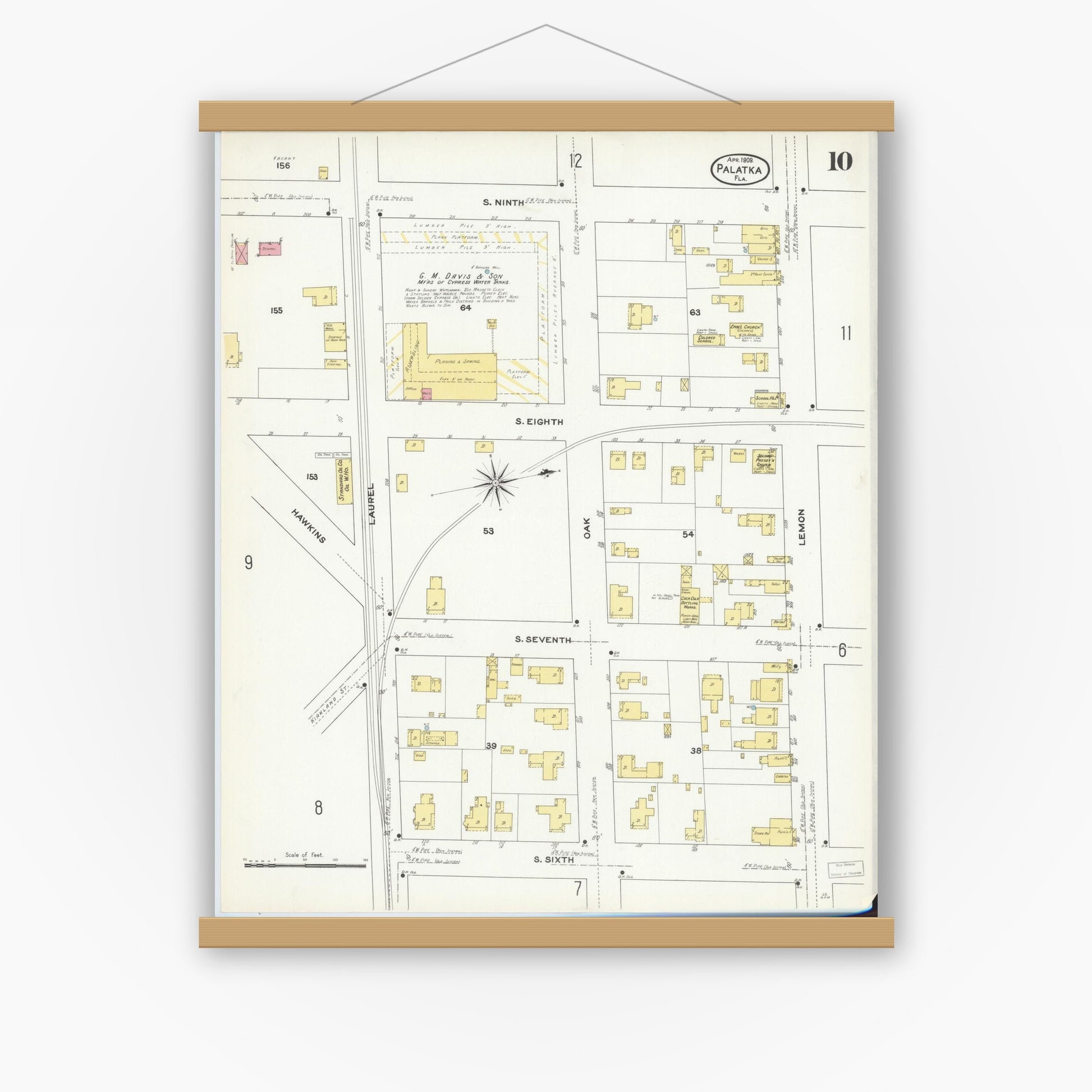 Old map wall art mockup — magnetic wood frame on white wall — Sanborn Fire Insurance Map from Palatka, Putnam County, Florida (1909), Sheet #0010