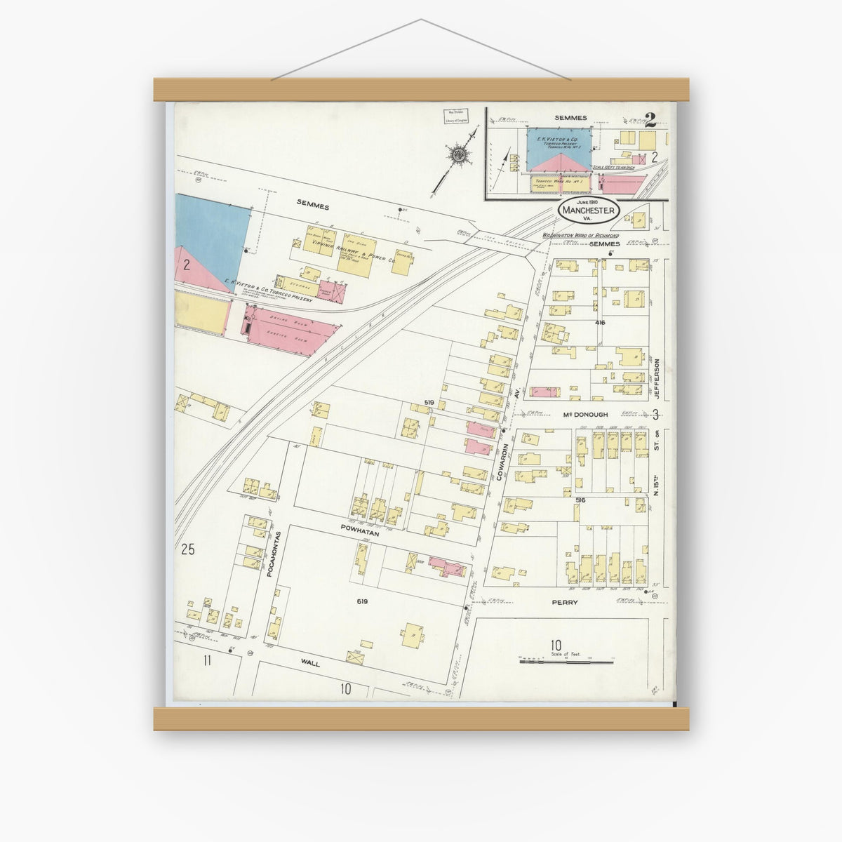 Old map wall art mockup — magnetic wood frame on white wall — Sanborn Fire Insurance Map from Manchester, Chesterfield County, Virginia (1910), Sheet #0002