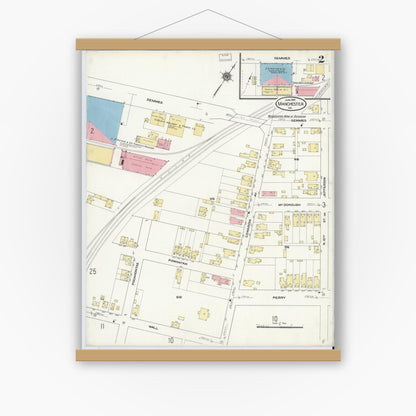 Old map wall art mockup — magnetic wood frame on white wall — Sanborn Fire Insurance Map from Manchester, Chesterfield County, Virginia (1910), Sheet #0002