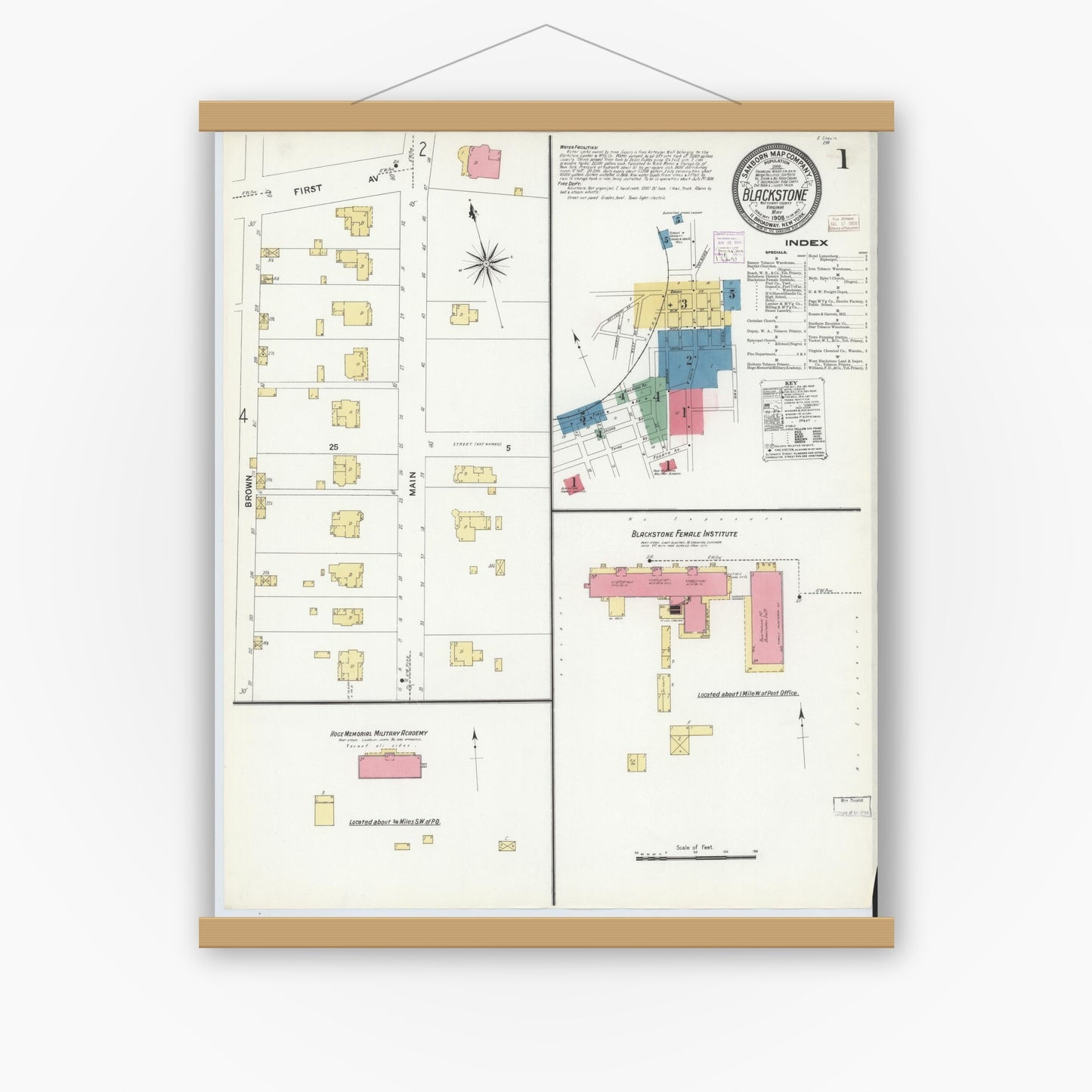 Old map wall art mockup — magnetic wood frame on white wall — Sanborn Fire Insurance Map from Blackstone, Nottoway County, Virginia (1908) - Complete Map Set