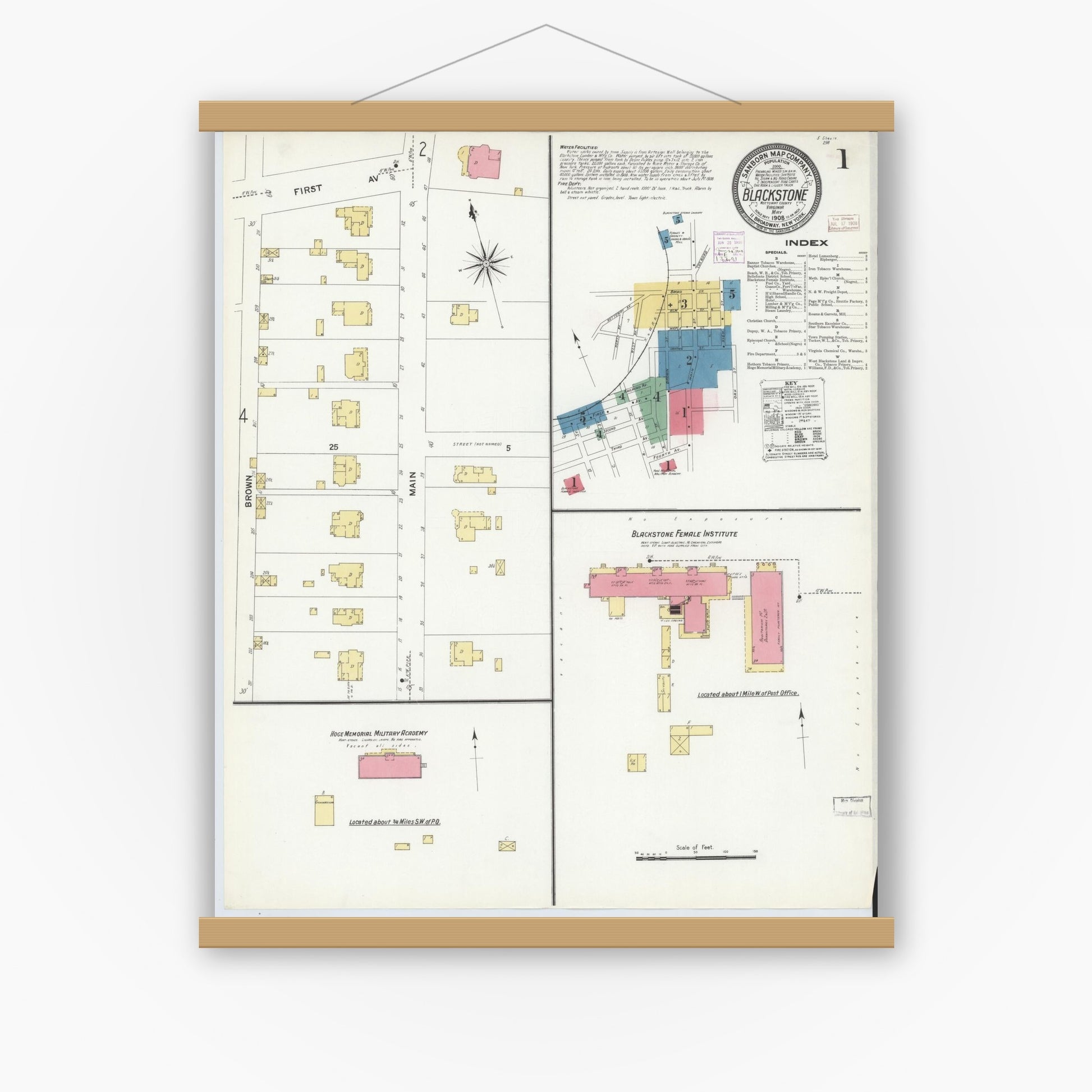 Old map wall art mockup — magnetic wood frame on white wall — Sanborn Fire Insurance Map from Blackstone, Nottoway County, Virginia (1908) - Complete Map Set