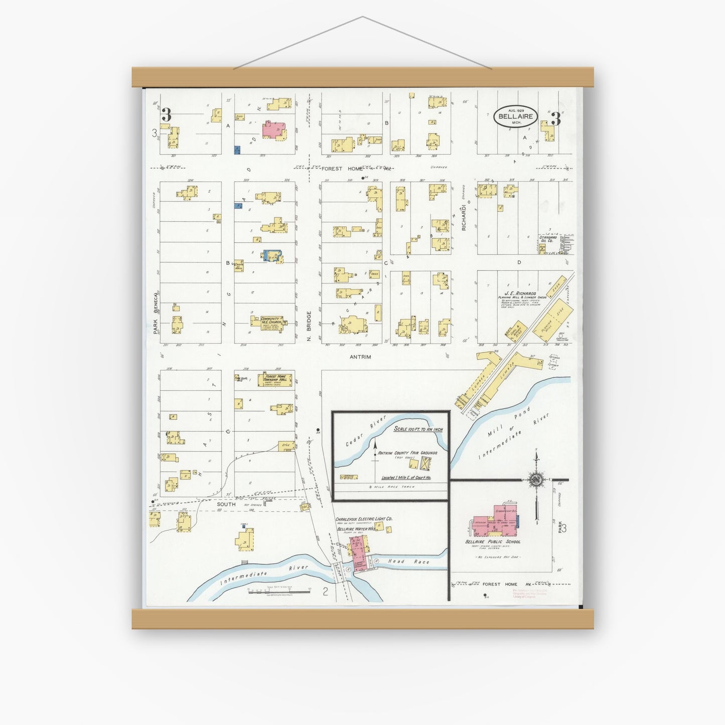 Old map wall art mockup — magnetic wood frame on white wall — Sanborn Fire Insurance Map from Bellaire, Antrim County, Michigan (1929), Sheet #0003