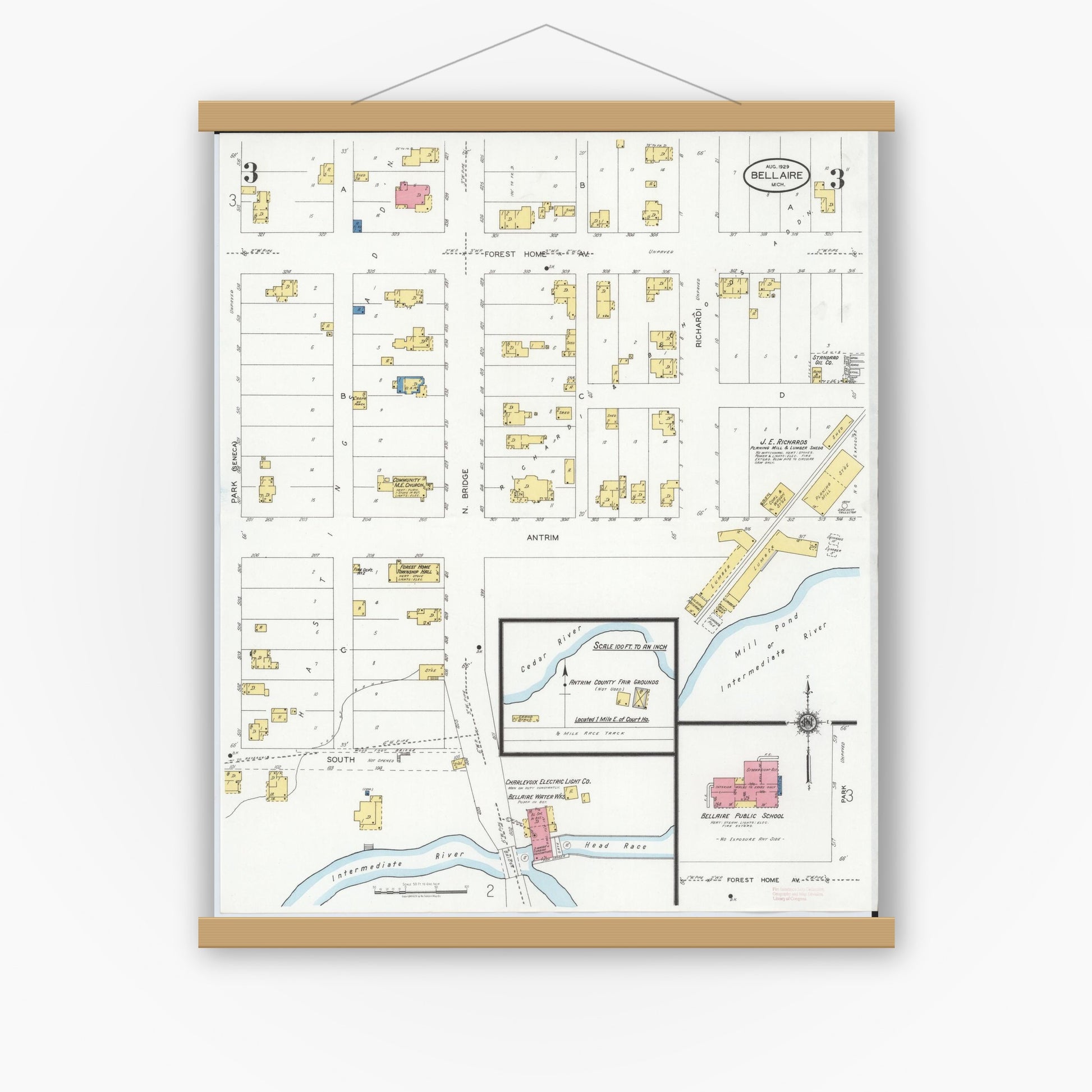 Old map wall art mockup — magnetic wood frame on white wall — Sanborn Fire Insurance Map from Bellaire, Antrim County, Michigan (1929), Sheet #0003
