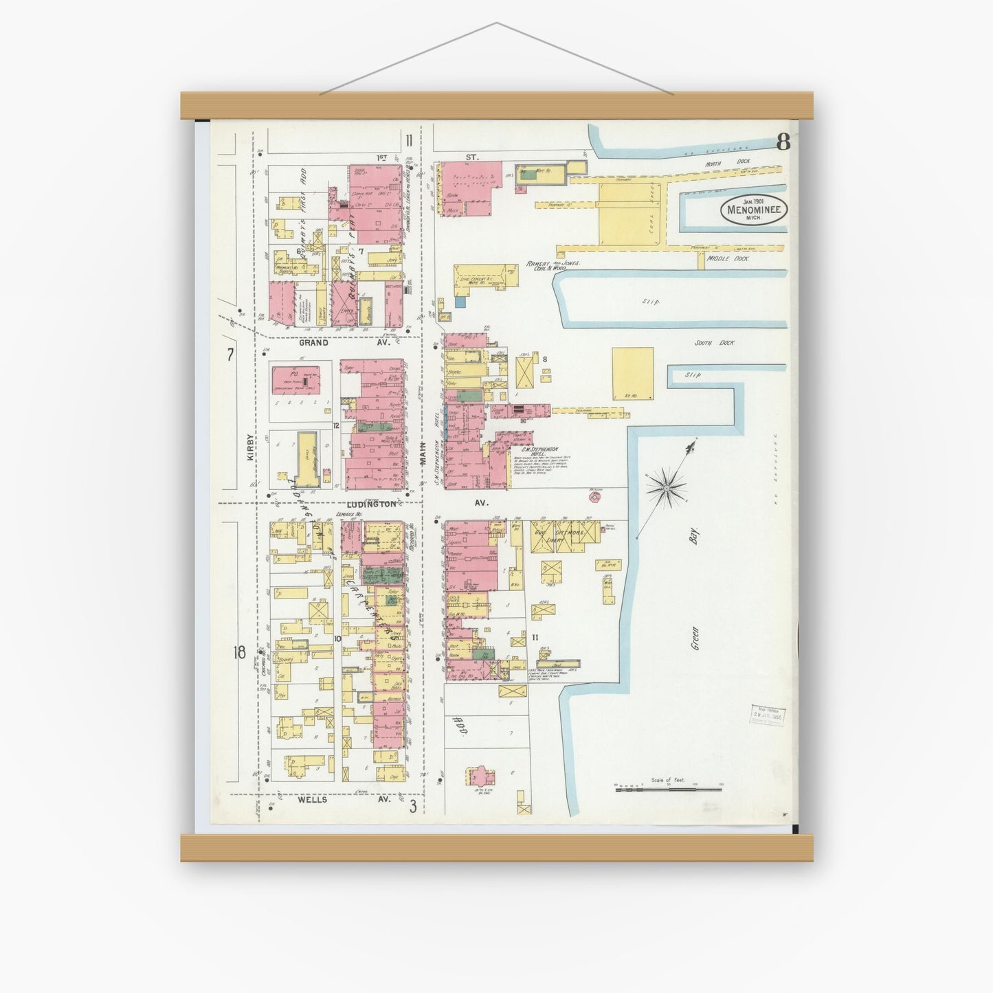 Old map wall art mockup — magnetic wood frame on white wall — Sanborn Fire Insurance Map from Menominee, Menominee County, Michigan (1901), Sheet #0008