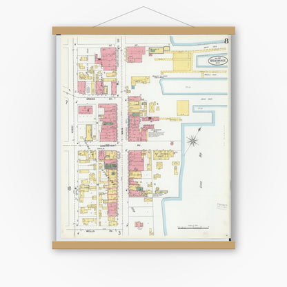 Old map wall art mockup — magnetic wood frame on white wall — Sanborn Fire Insurance Map from Menominee, Menominee County, Michigan (1901), Sheet #0008