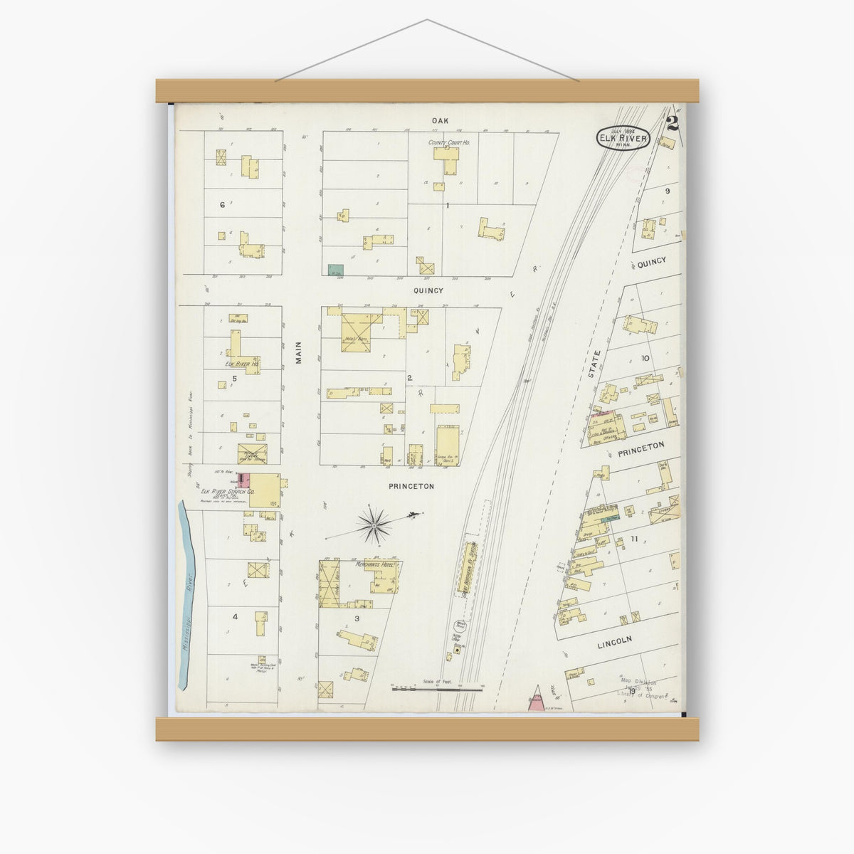 Old map wall art mockup — magnetic wood frame on white wall — Sanborn Fire Insurance Map from Elk River, Sherburne County, Minnesota (1894), Sheet #0002