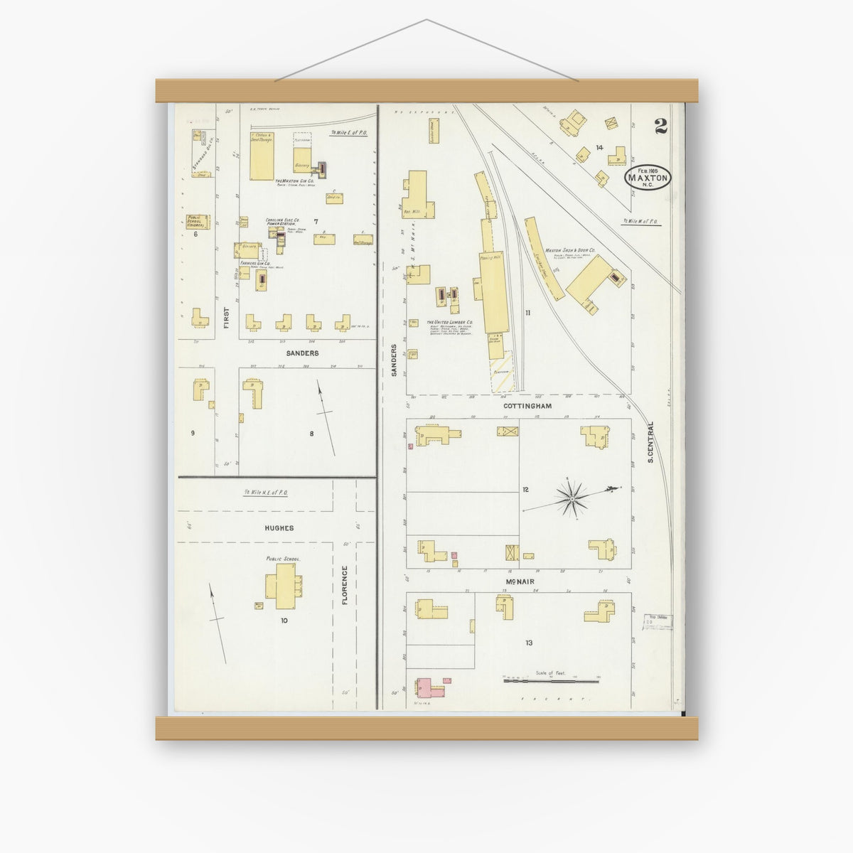 Old map wall art mockup — magnetic wood frame on white wall — Sanborn Fire Insurance Map from Maxton, Robeson County, North Carolina (1905), Sheet #0002