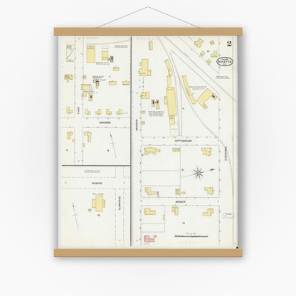 Old map wall art mockup — magnetic wood frame on white wall — Sanborn Fire Insurance Map from Maxton, Robeson County, North Carolina (1905), Sheet #0002