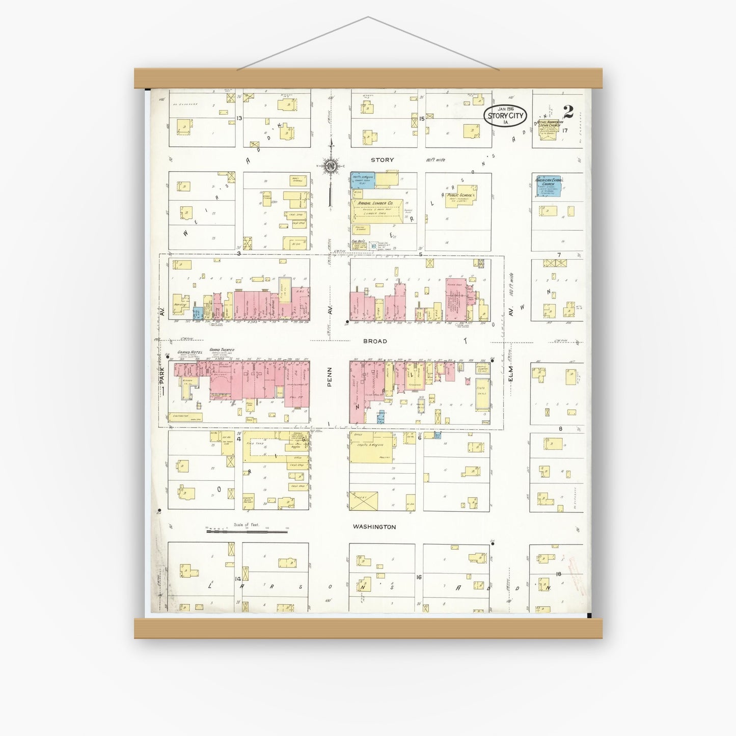 Old map wall art mockup — magnetic wood frame on white wall — Sanborn Fire Insurance Map from Story City, Story County, Iowa (1916), Sheet #0002