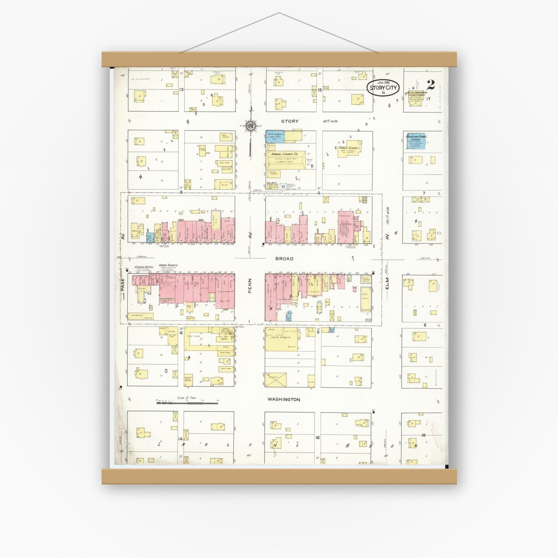 Old map wall art mockup — magnetic wood frame on white wall — Sanborn Fire Insurance Map from Story City, Story County, Iowa (1916), Sheet #0002