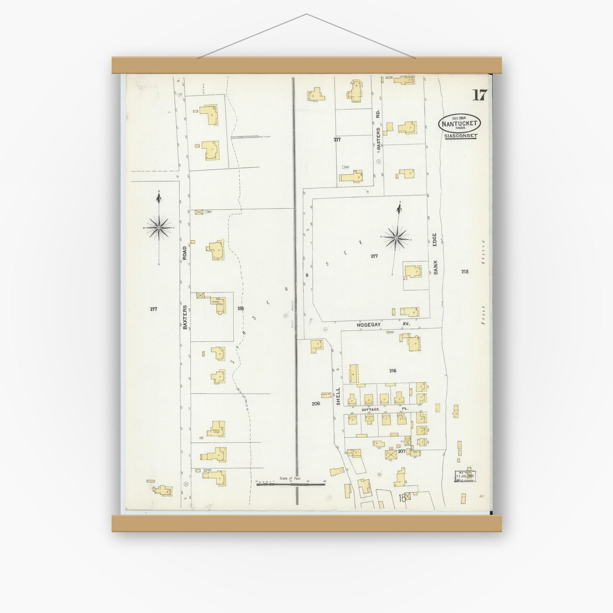 Old map wall art mockup — magnetic wood frame on white wall — Sanborn Fire Insurance Map from Nantucket, Nantucket County, Massachusetts (1904), Sheet #0017