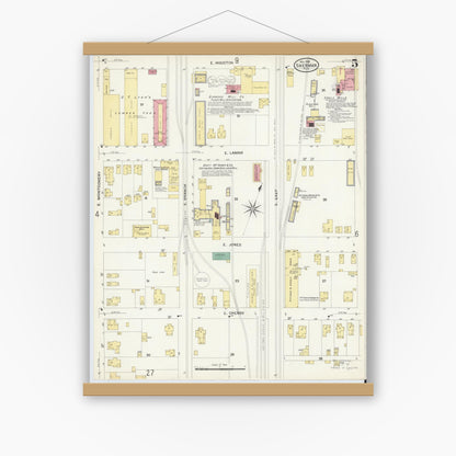 Old map wall art mockup — magnetic wood frame on white wall — Sanborn Fire Insurance Map from Sherman, Grayson County, Texas (1908), Sheet #0005