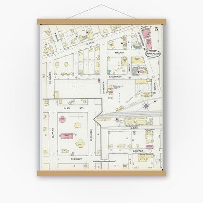 Old map wall art mockup — magnetic wood frame on white wall — Sanborn Fire Insurance Map from Champaign, Champaign County, Illinois (1892), Sheet #0005