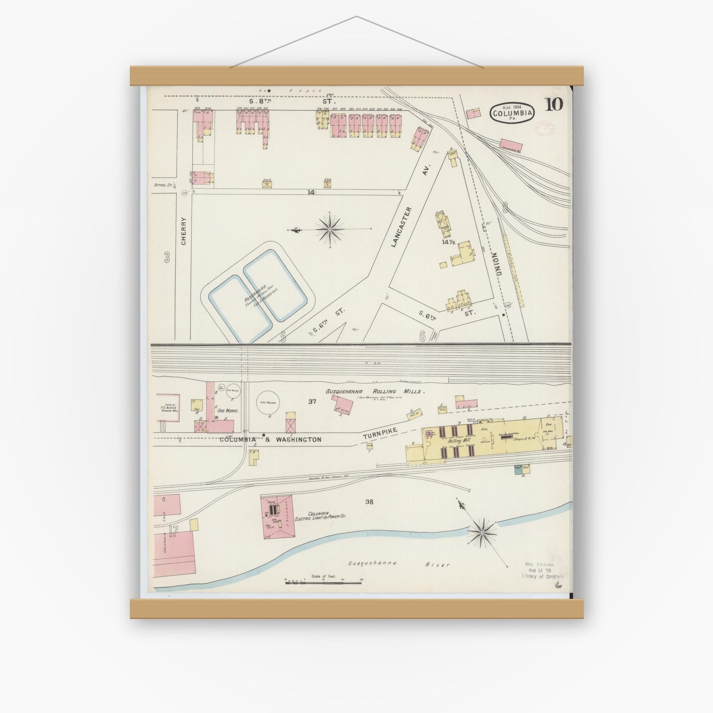 Old map wall art mockup — magnetic wood frame on white wall — Sanborn Fire Insurance Map from Columbia, Lancaster County, Pennsylvania (1894), Sheet #0010