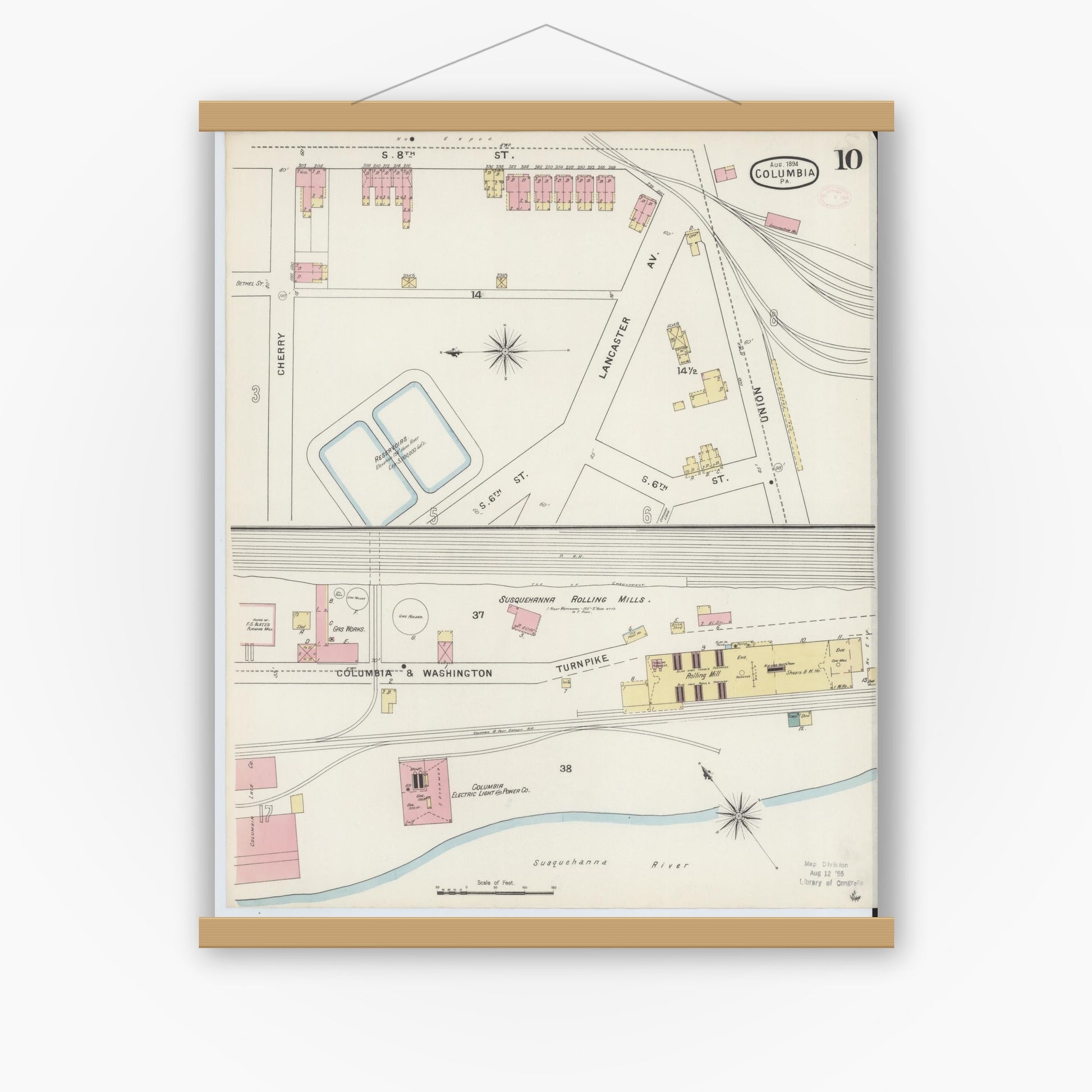 Old map wall art mockup — magnetic wood frame on white wall — Sanborn Fire Insurance Map from Columbia, Lancaster County, Pennsylvania (1894), Sheet #0010