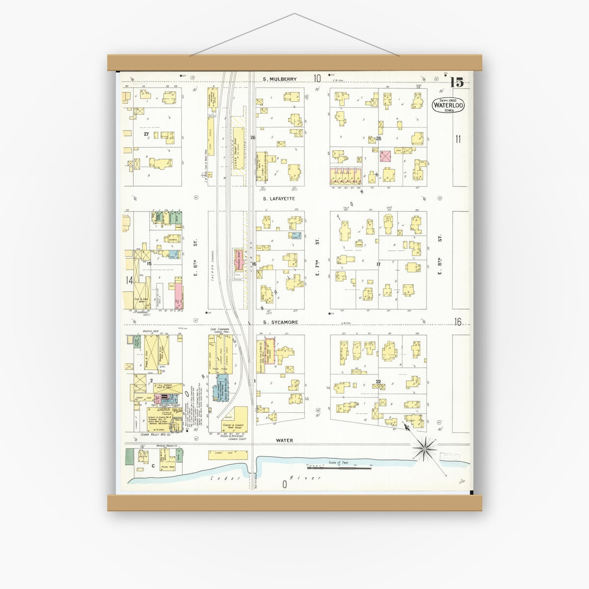 Old map wall art mockup — magnetic wood frame on white wall — Sanborn Fire Insurance Map from Waterloo, Black Hawk County, Iowa (1900), Sheet #0015