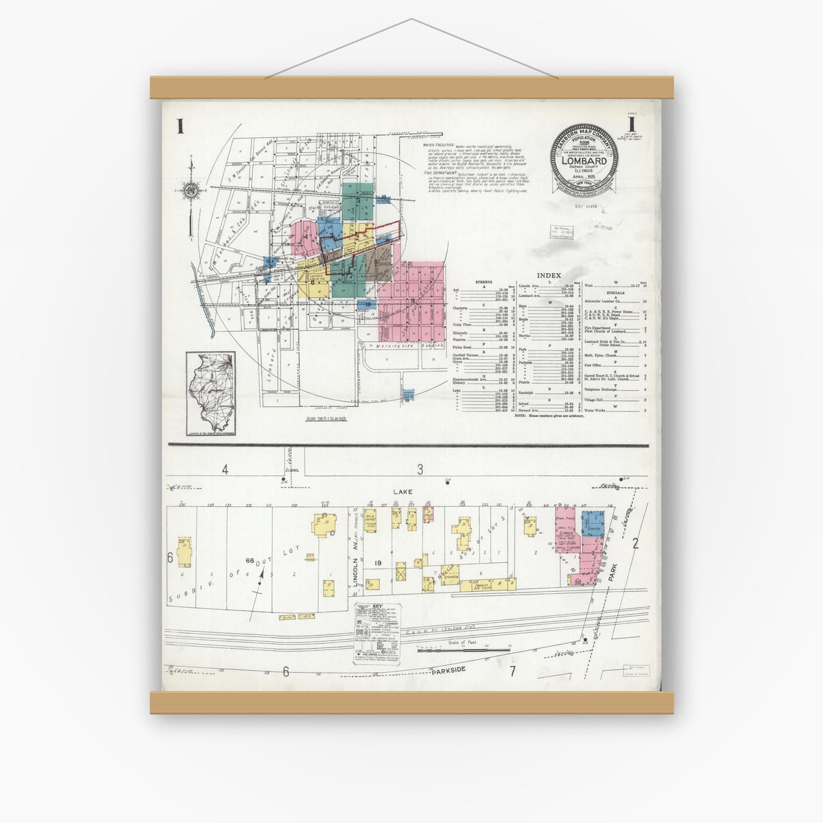 Old map wall art mockup — magnetic wood frame on white wall — Sanborn Fire Insurance Map from Lombard, Du Page County, Illinois (1925), Sheet #0001