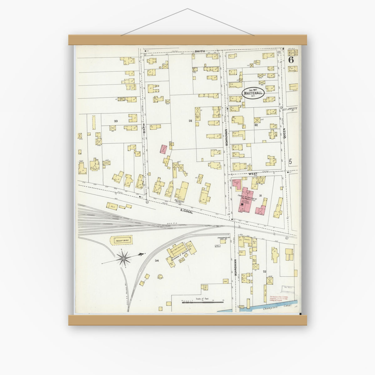 Old map wall art mockup — magnetic wood frame on white wall — Sanborn Fire Insurance Map from Whitehall, Washington County, New York (1907), Sheet #0006