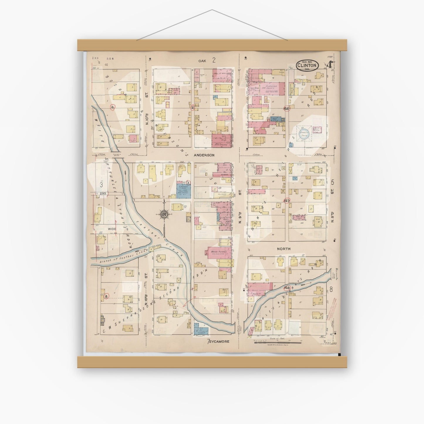 Old map wall art mockup — magnetic wood frame on white wall — Sanborn Fire Insurance Map from Clinton, Vermillion County, Indiana (1947), Sheet #0004