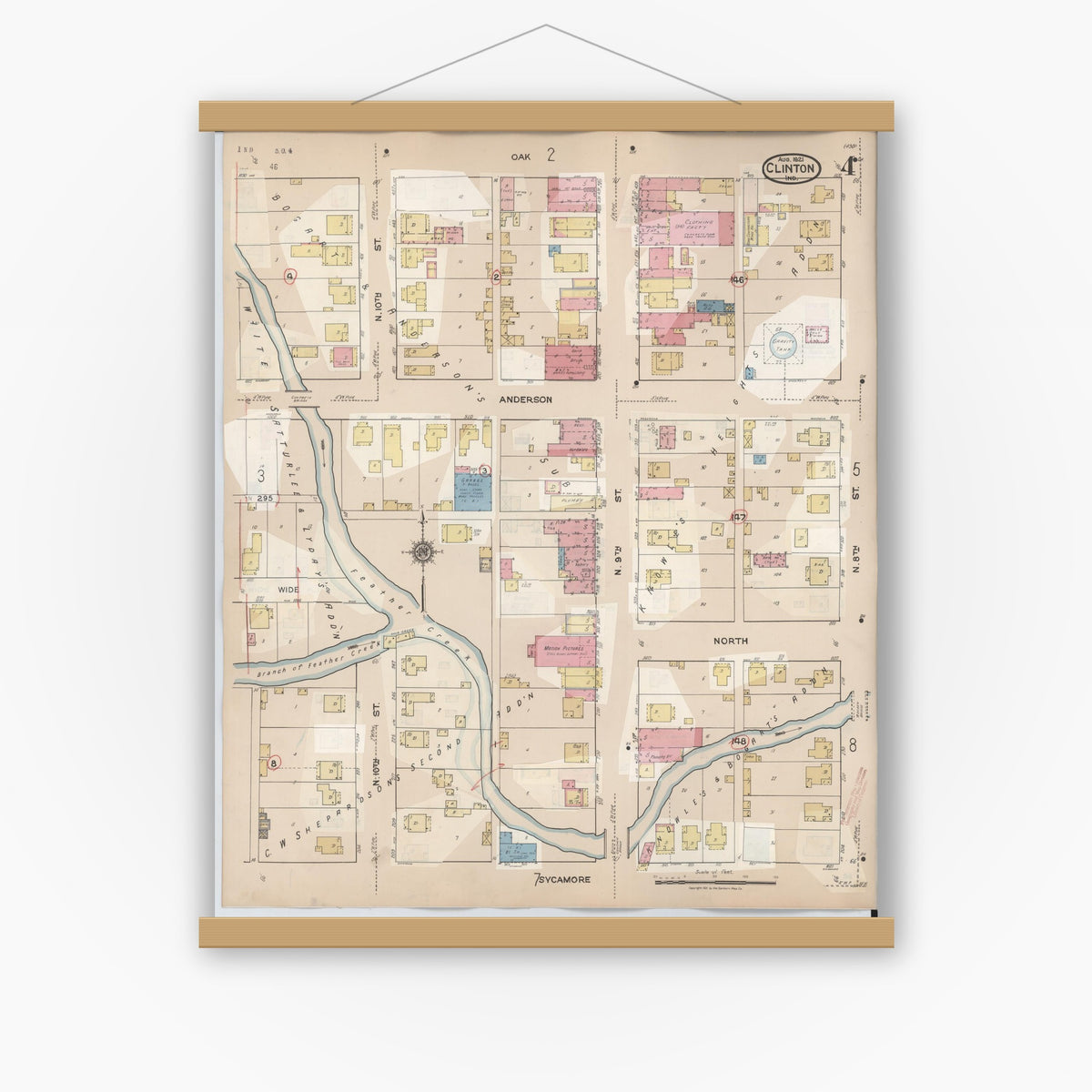 Old map wall art mockup — magnetic wood frame on white wall — Sanborn Fire Insurance Map from Clinton, Vermillion County, Indiana (1947), Sheet #0004
