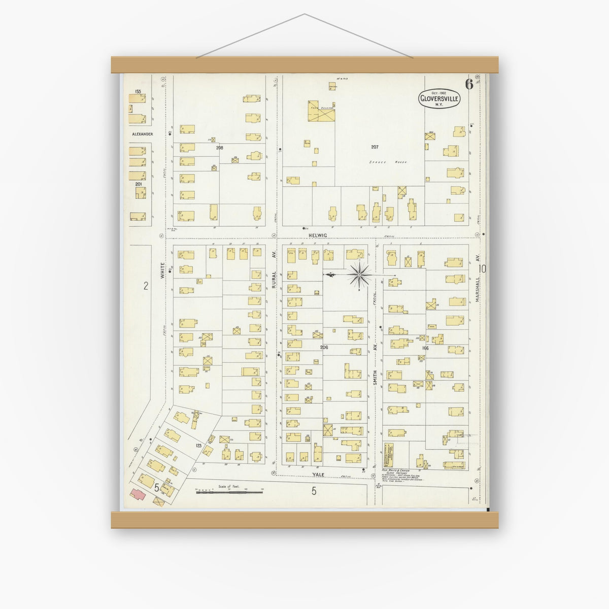 Old map wall art mockup — magnetic wood frame on white wall — Sanborn Fire Insurance Map from Gloversville, Fulton County, New York (1902), Sheet #0006