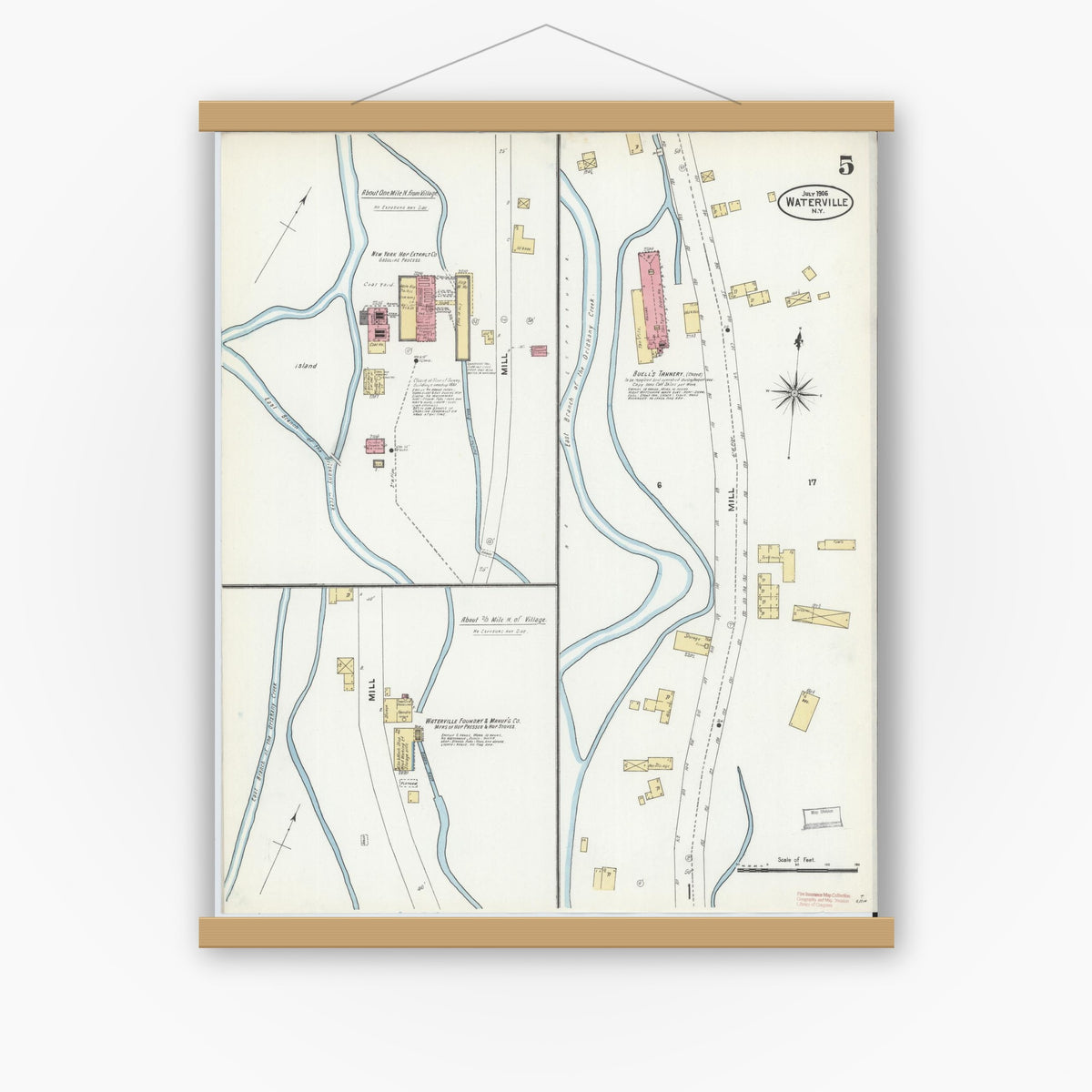 Old map wall art mockup — magnetic wood frame on white wall — Sanborn Fire Insurance Map from Waterville, Oneida County, New York (1906), Sheet #0005