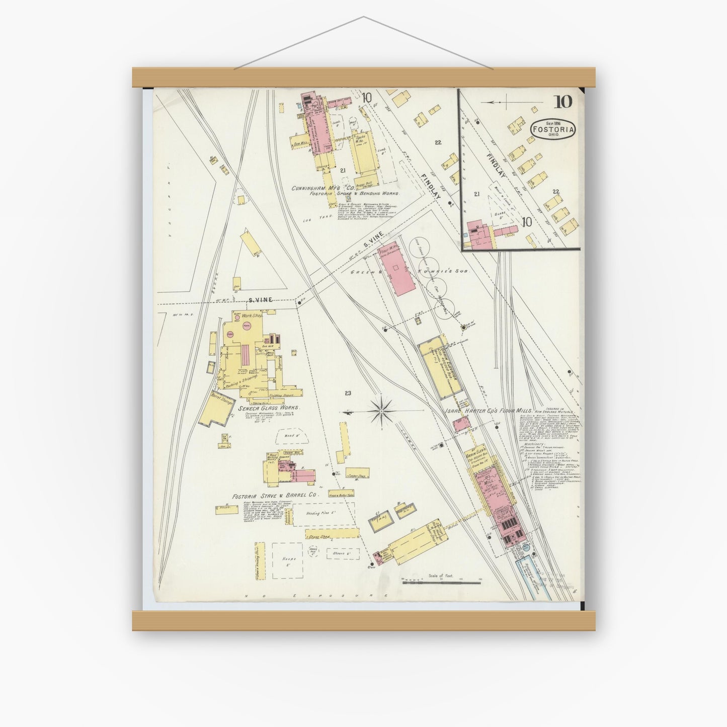 Old map wall art mockup — magnetic wood frame on white wall — Sanborn Fire Insurance Map from Fostoria, Seneca, Hancock, And Wood Counties, Ohio (1896), Sheet #0010