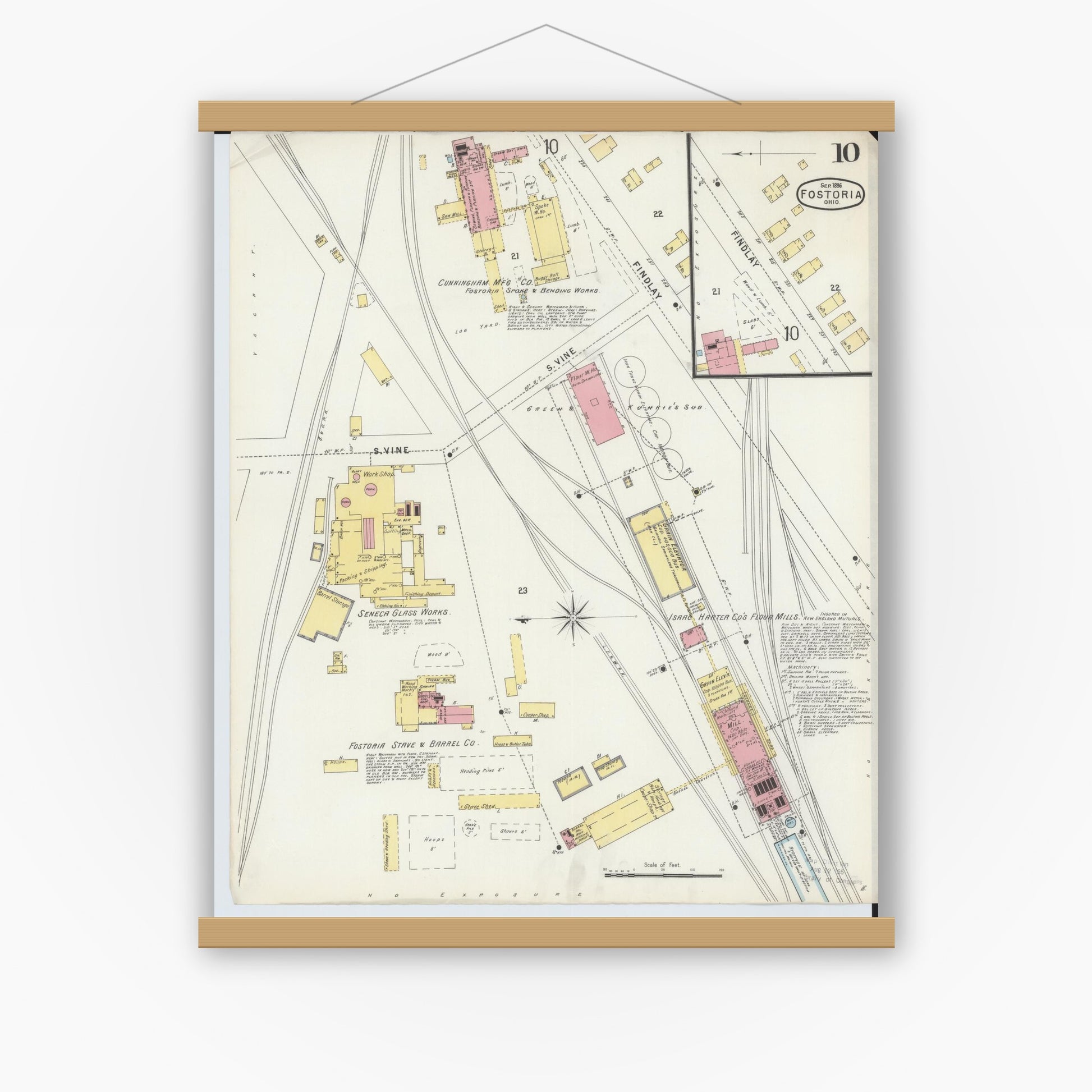 Old map wall art mockup — magnetic wood frame on white wall — Sanborn Fire Insurance Map from Fostoria, Seneca, Hancock, And Wood Counties, Ohio (1896), Sheet #0010