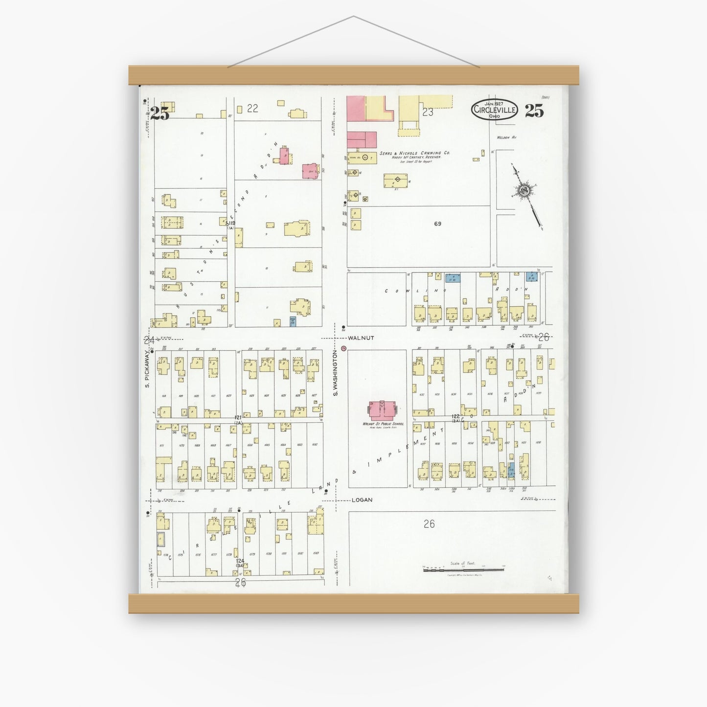 Old map wall art mockup — magnetic wood frame on white wall — Sanborn Fire Insurance Map from Circleville, Pickaway County, Ohio (1927), Sheet #0025