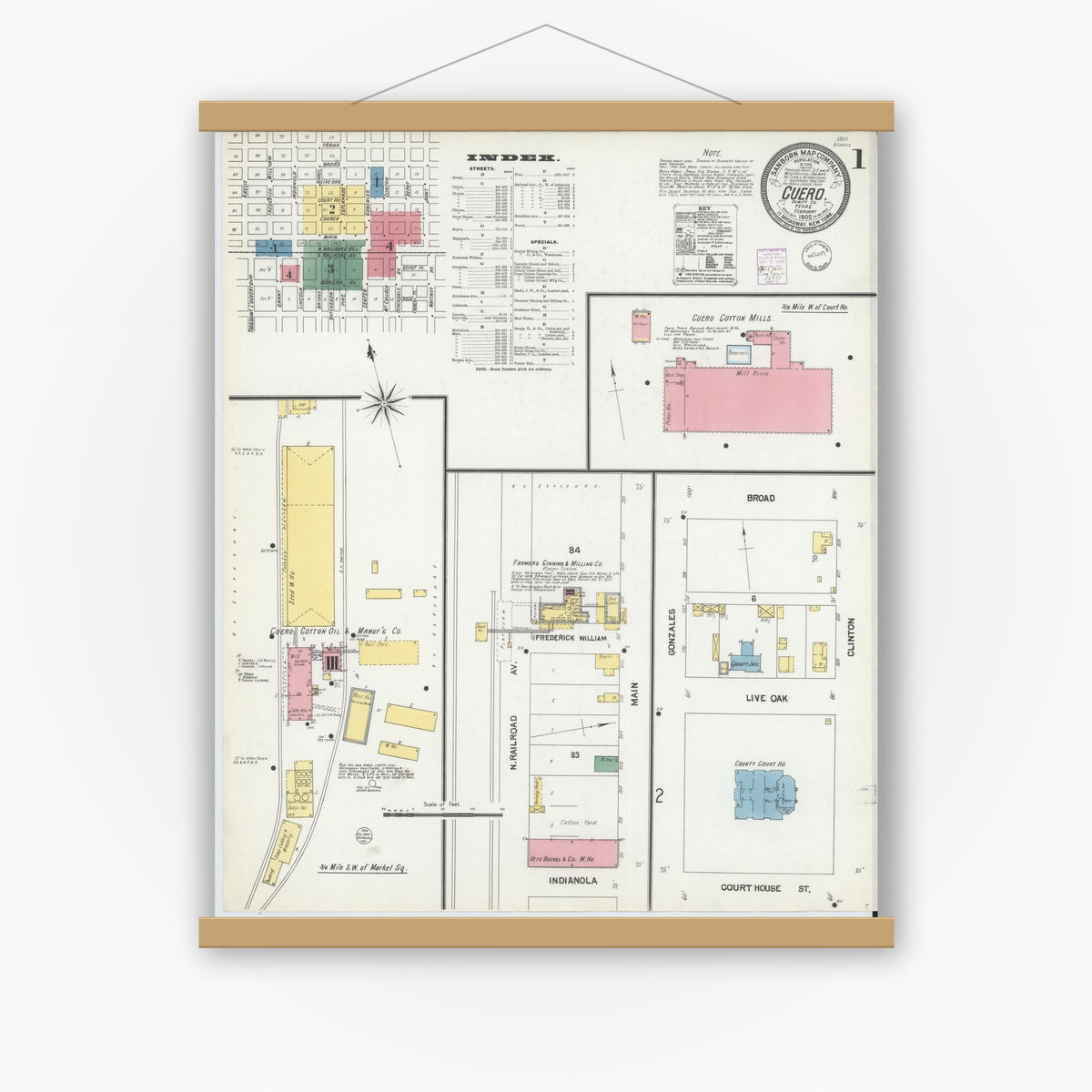 Old map wall art mockup — magnetic wood frame on white wall — Sanborn Fire Insurance Map from Cuero, De Witt County, Texas (1902) - Complete Map Set