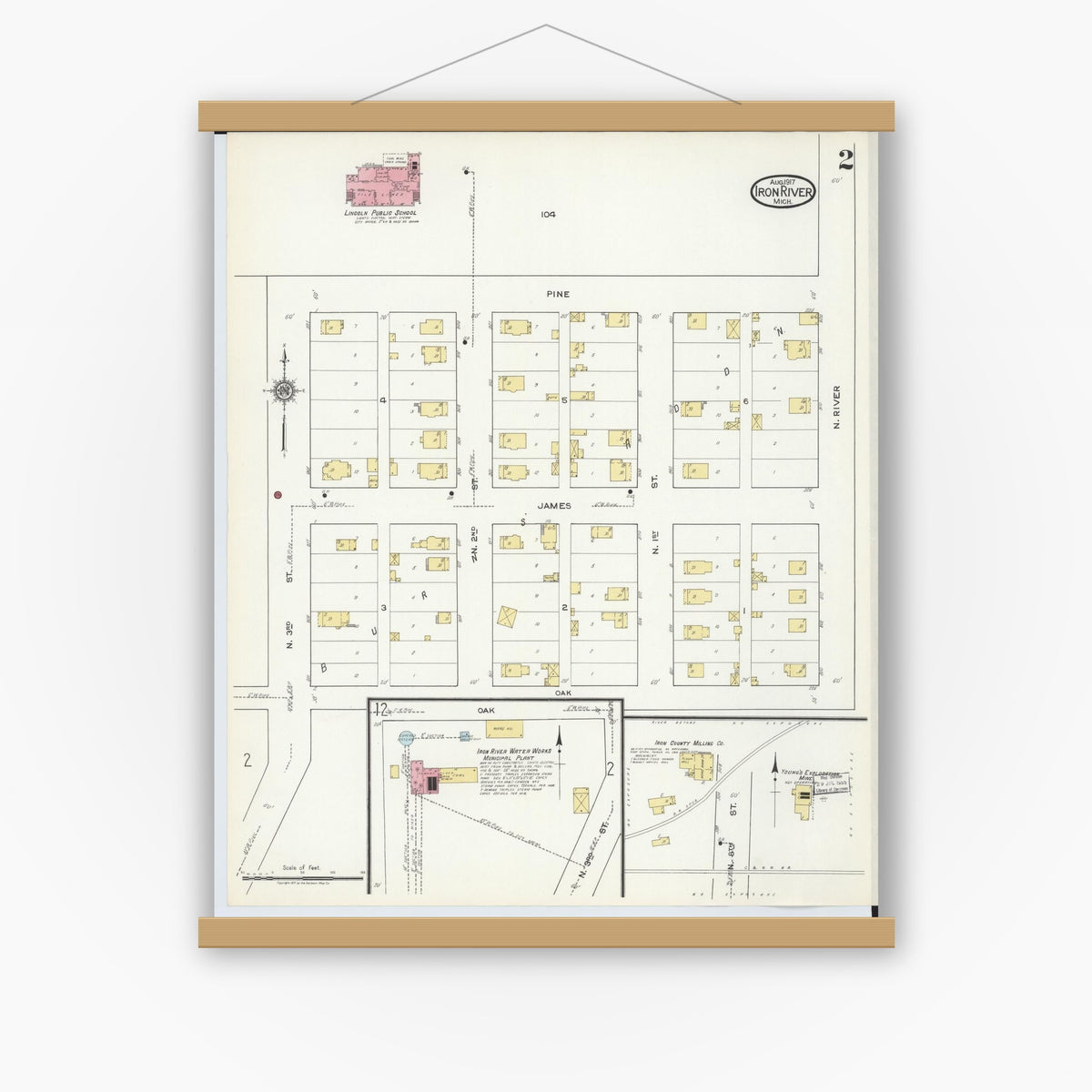 Old map wall art mockup — magnetic wood frame on white wall — Sanborn Fire Insurance Map from Iron River, Iron County, Michigan (1917), Sheet #0002