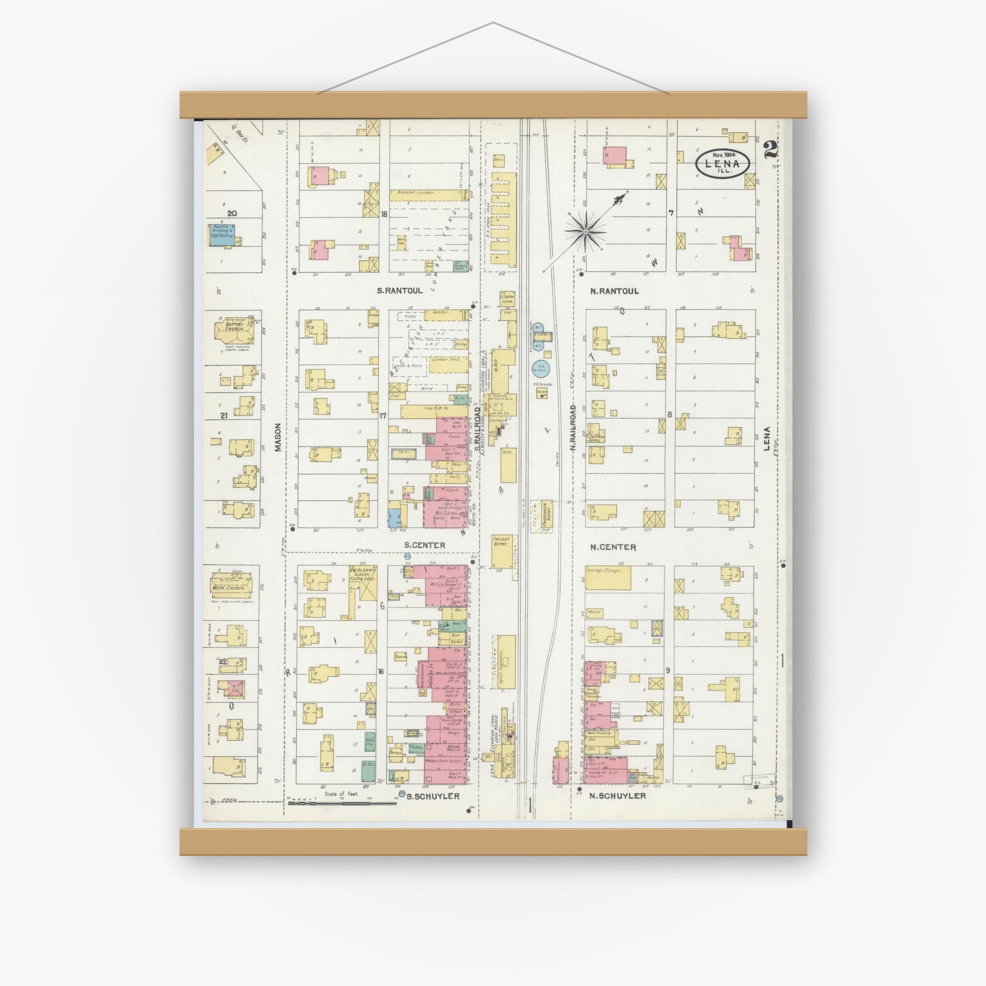 Old map wall art mockup — magnetic wood frame on white wall — Sanborn Fire Insurance Map from Lena, Stephenson County, Illinois (1904), Sheet #0002