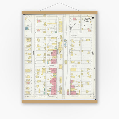 Old map wall art mockup — magnetic wood frame on white wall — Sanborn Fire Insurance Map from Lena, Stephenson County, Illinois (1904), Sheet #0002
