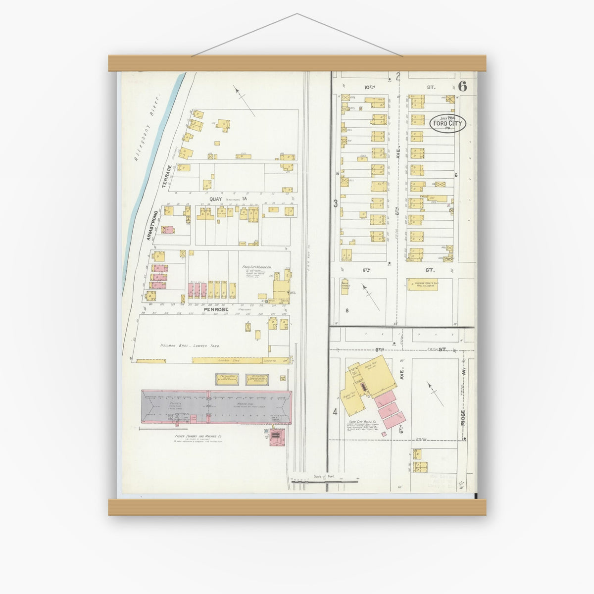 Old map wall art mockup — magnetic wood frame on white wall — Sanborn Fire Insurance Map from Ford City, Armstrong County, Pennsylvania (1904), Sheet #0006