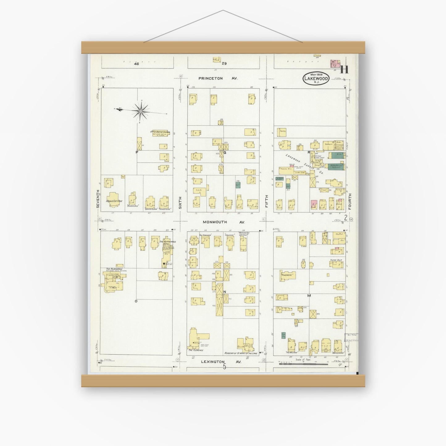 Old map wall art mockup — magnetic wood frame on white wall — Sanborn Fire Insurance Map from Lakewood, Ocean County, New Jersey (1909), Sheet #0011